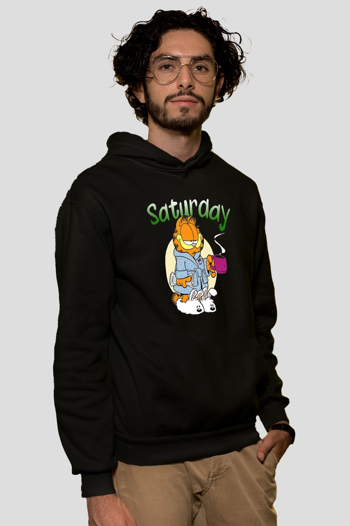 Garfield Siyah Unisex Kapüşonlu Sweatshirt