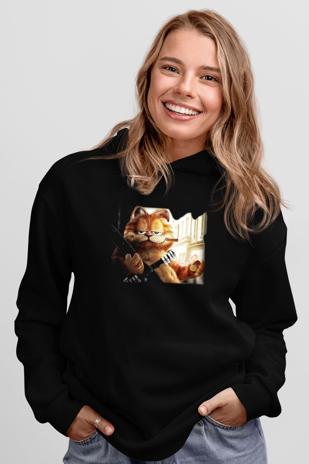 Garfield Siyah Unisex Kapüşonlu Sweatshirt