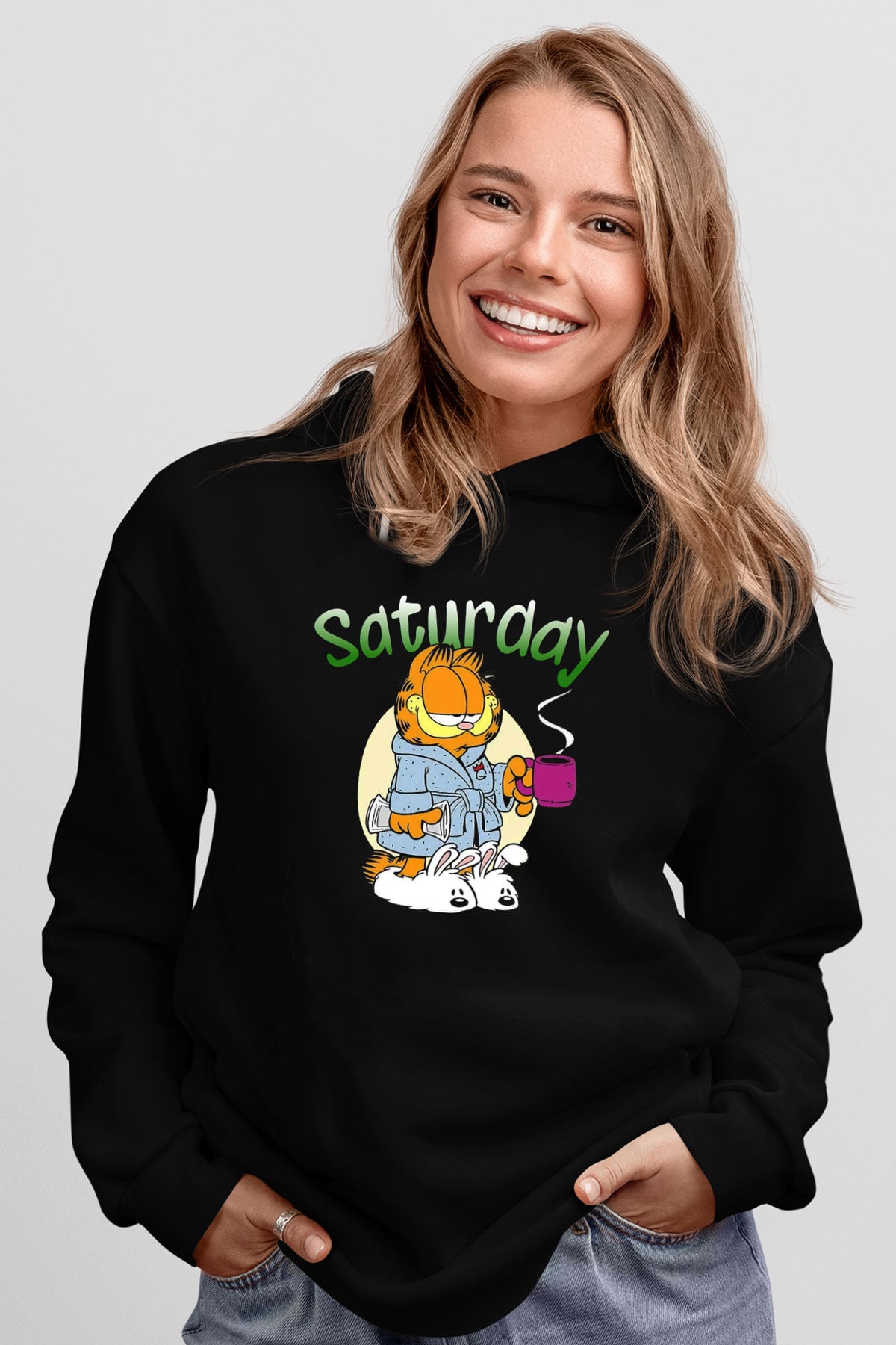 Garfield Siyah Unisex Kapüşonlu Sweatshirt