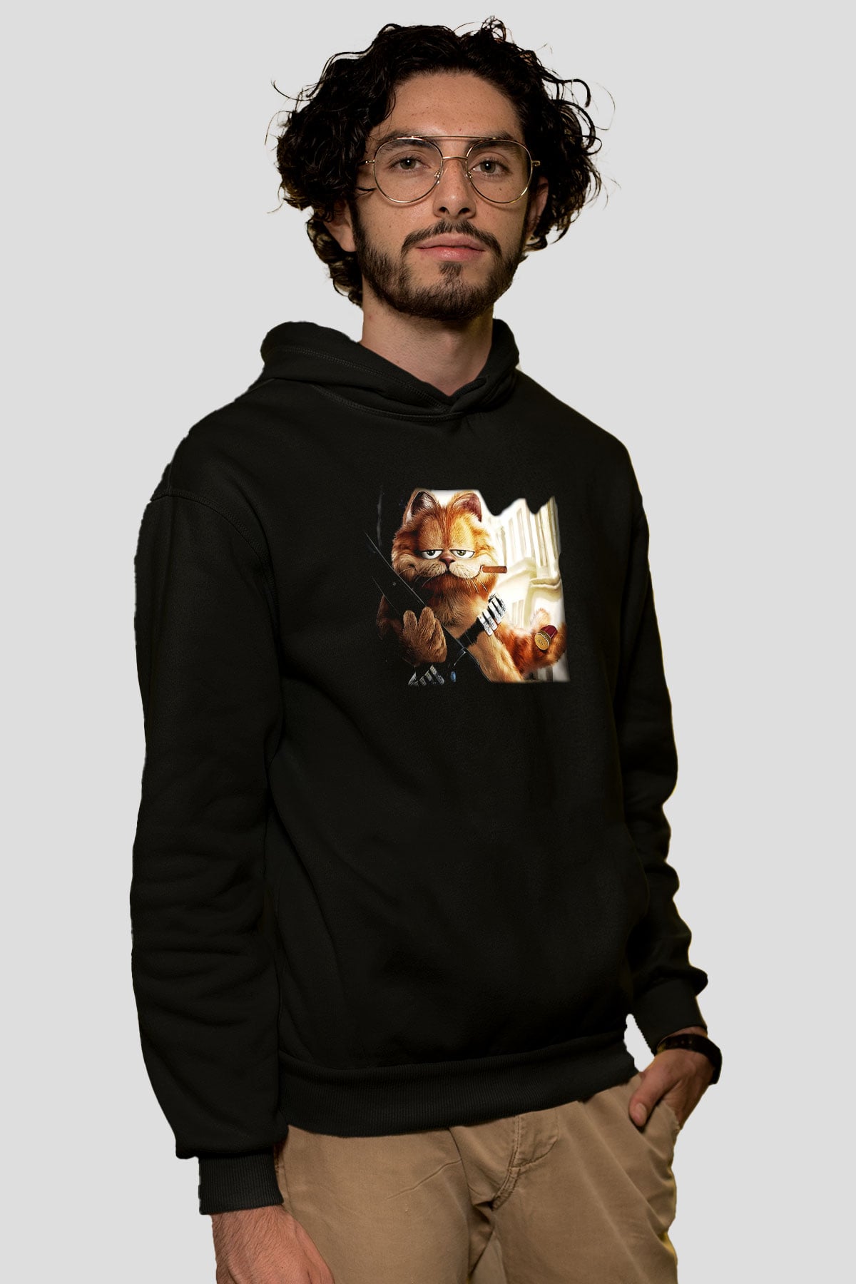 Garfield Siyah Unisex Kapüşonlu Sweatshirt
