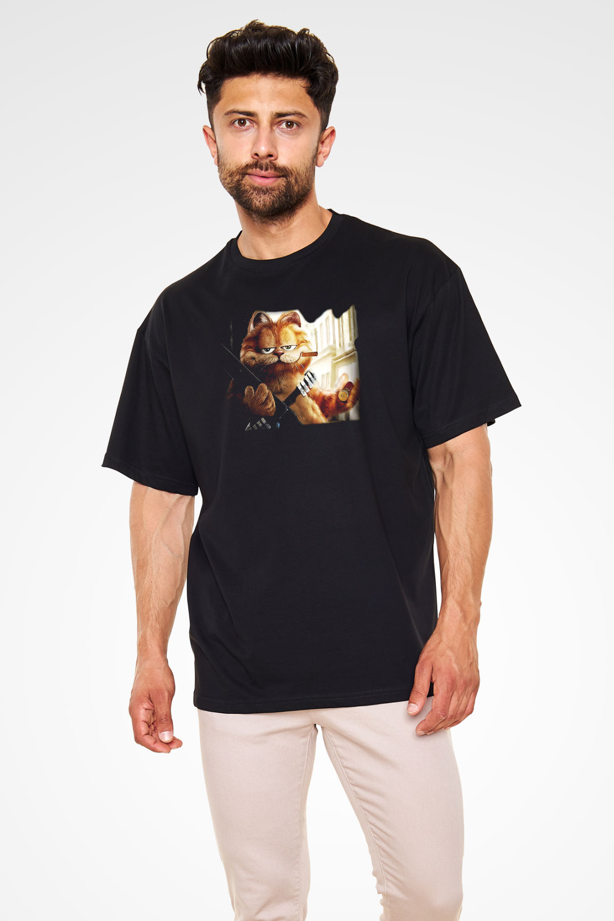 Garfield Siyah Unisex Oversize Tişört