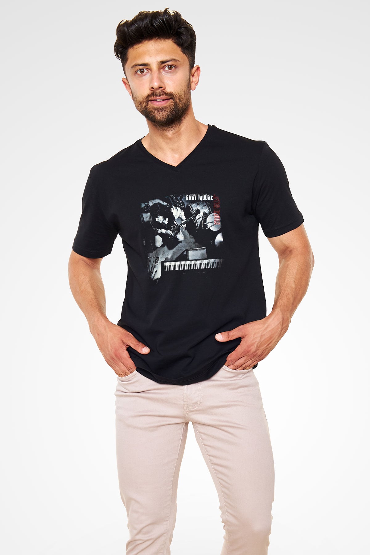 Gary Moore Baskılı Unisex Siyah V Yaka Tişört