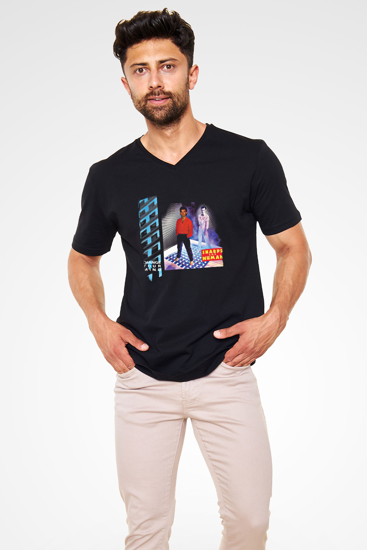 Gary Numan Baskılı Unisex Siyah V Yaka Tişört