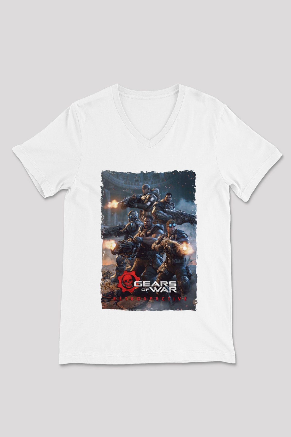 Gears of War Beyaz Unisex V Yaka Tişört