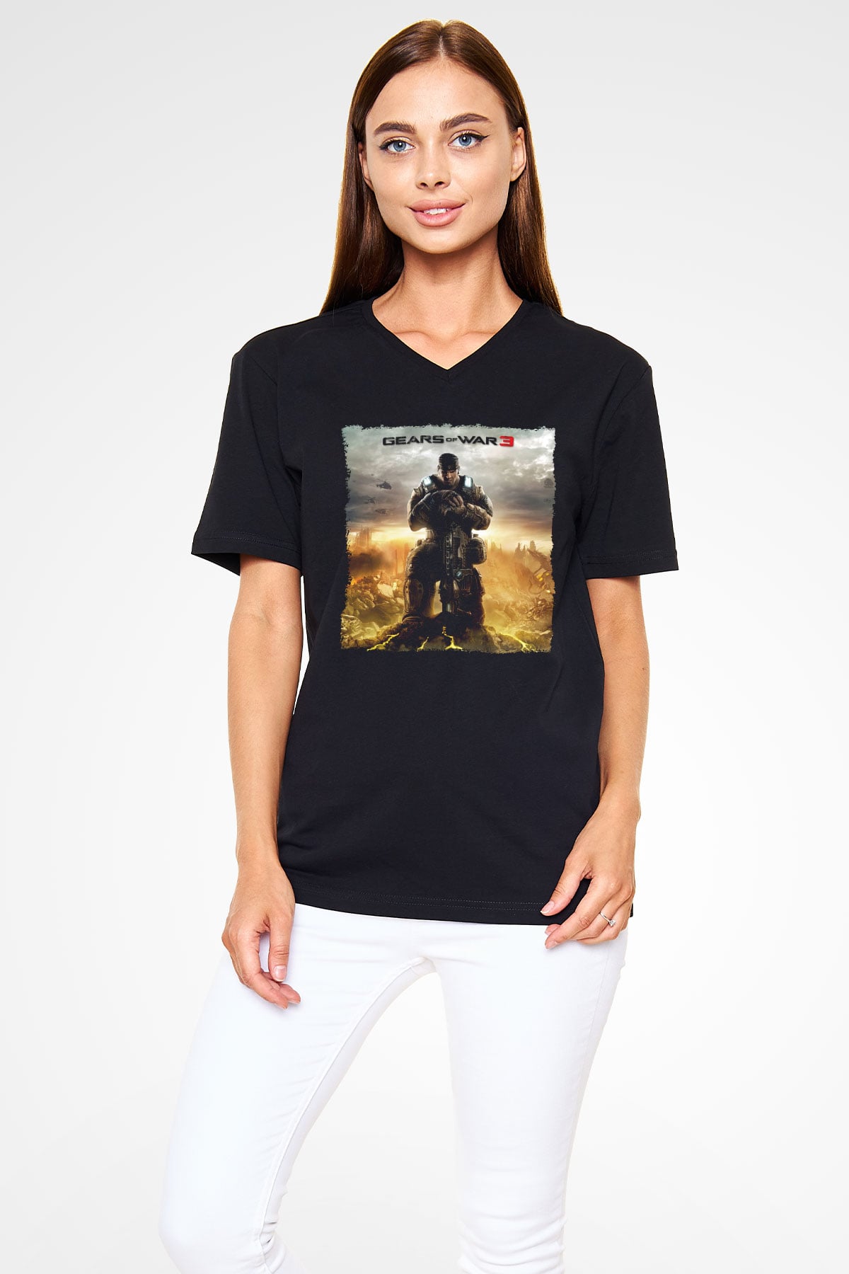 Gears of War Siyah Unisex V Yaka Tişört