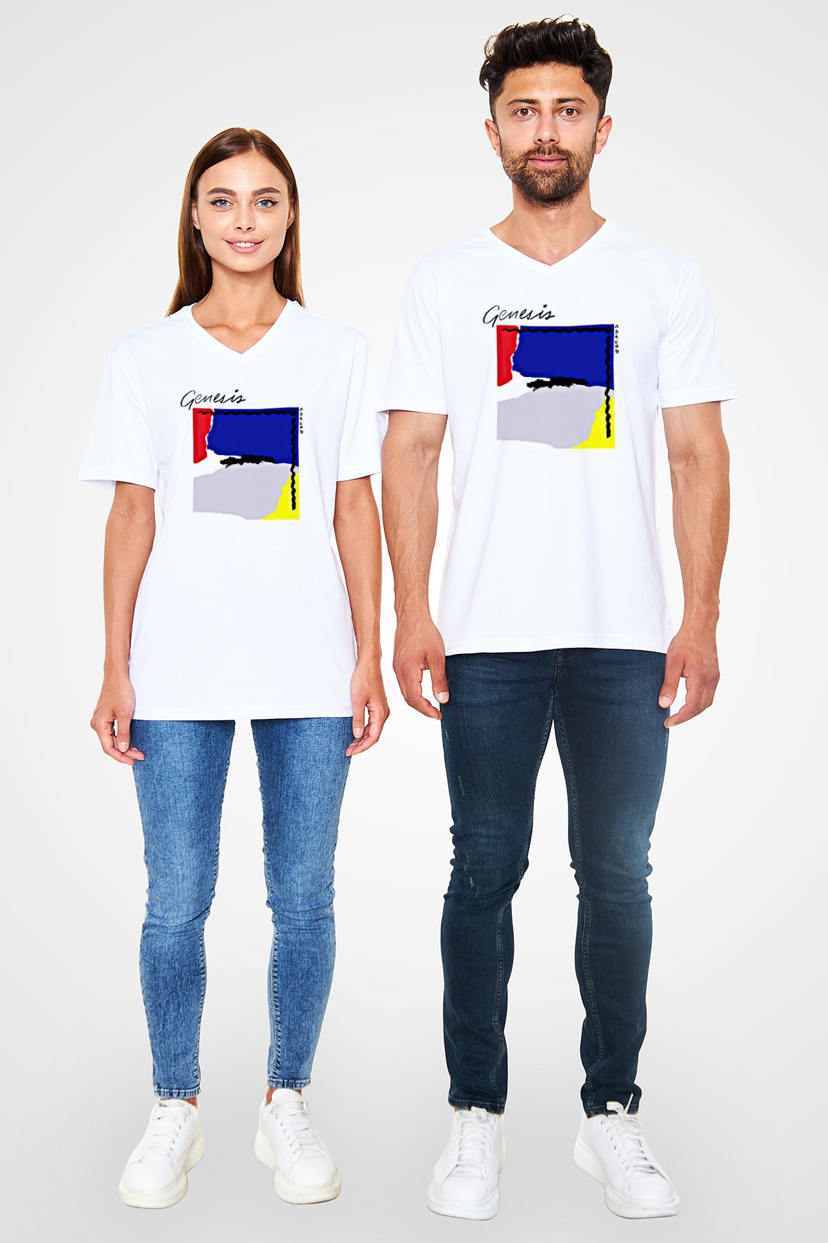 Genesis Baskılı Unisex Beyaz V Yaka Tişört
