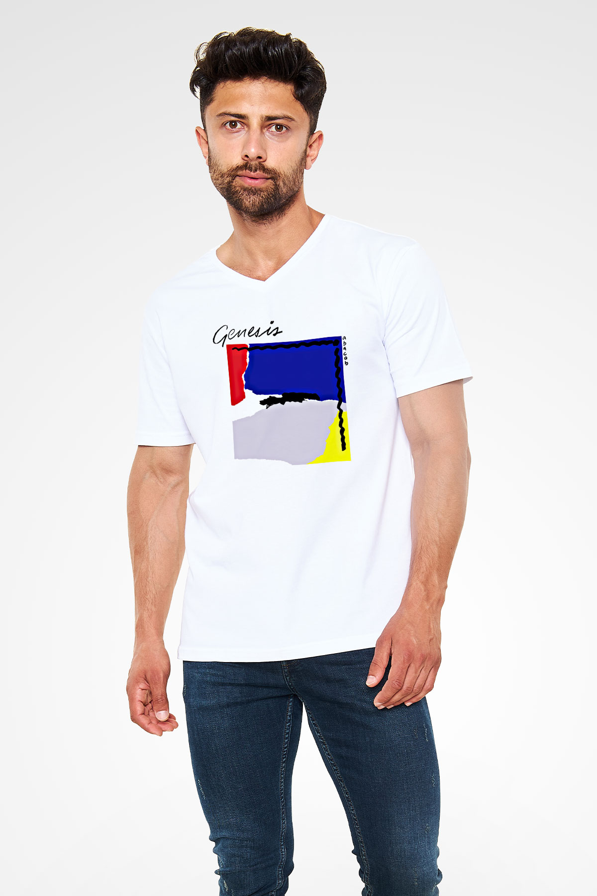 Genesis Baskılı Unisex Beyaz V Yaka Tişört