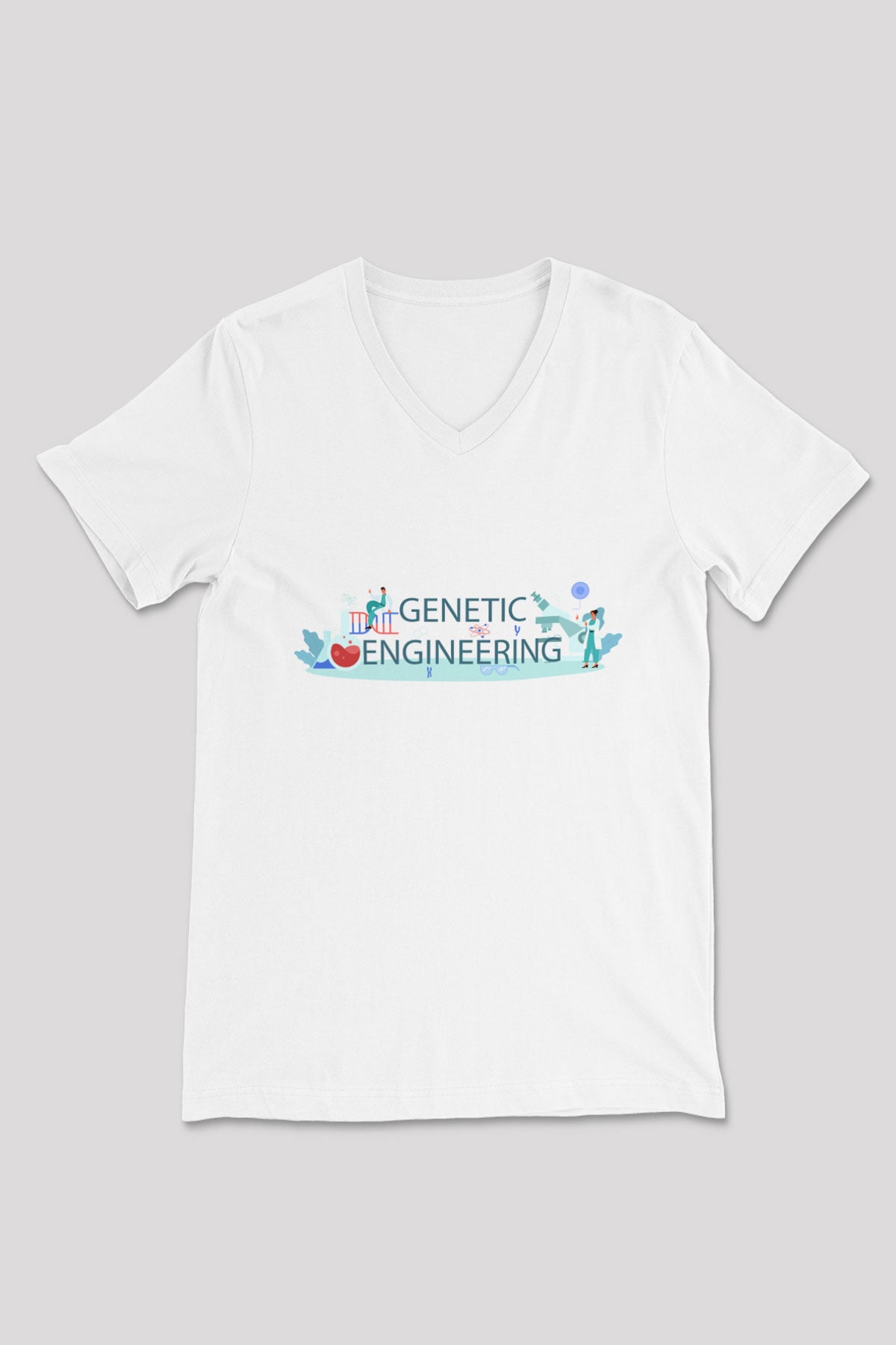 Genetik Mühendisliği Baskılı Unisex Beyaz V Yaka Tişört