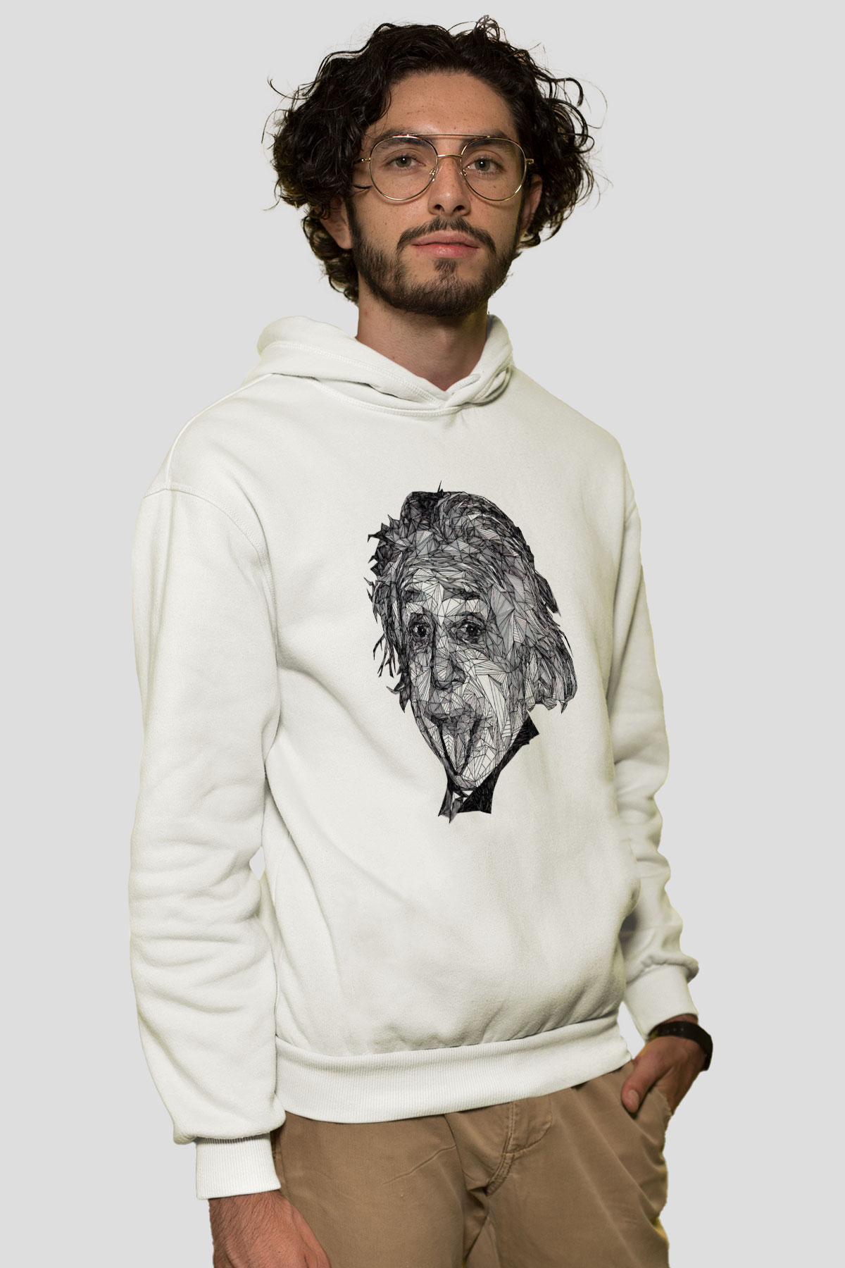 Geometrik Aibert Einstein Portesi Baskılı Unisex Beyaz Hoodie