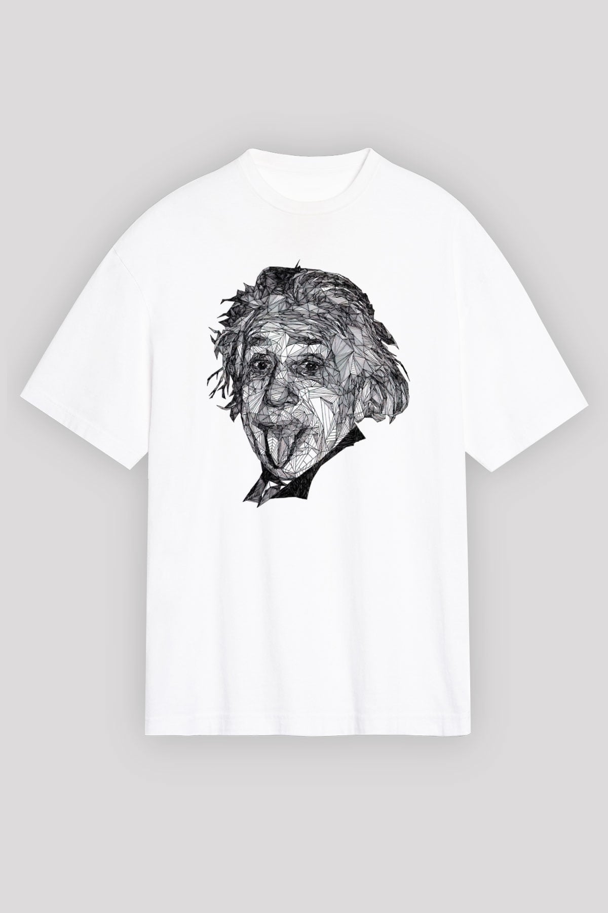Geometrik Aibert Einstein Portesi Baskılı Unisex Beyaz Oversize Tişört