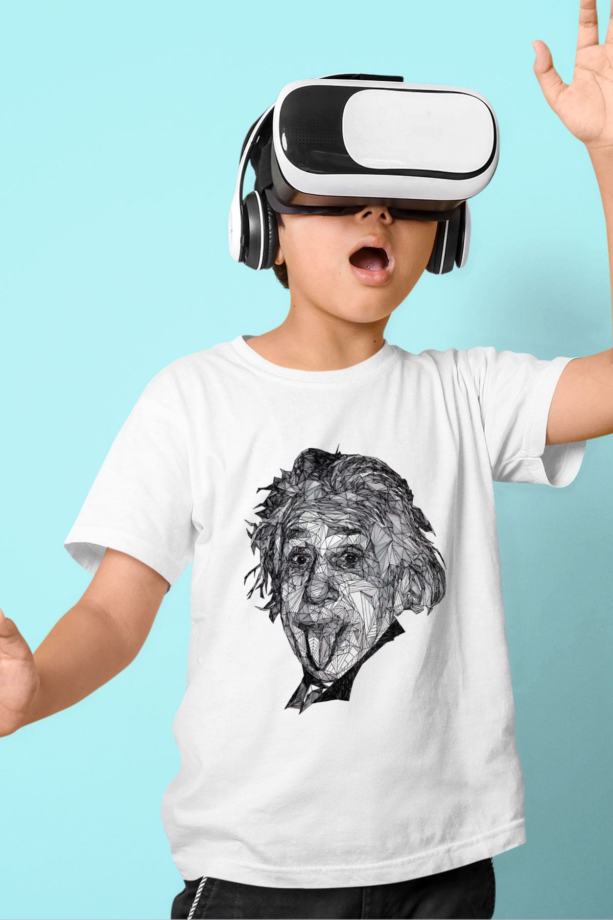 Geometrik Aibert Einstein Portesi Baskılı Unisex Beyaz Çocuk Tişört