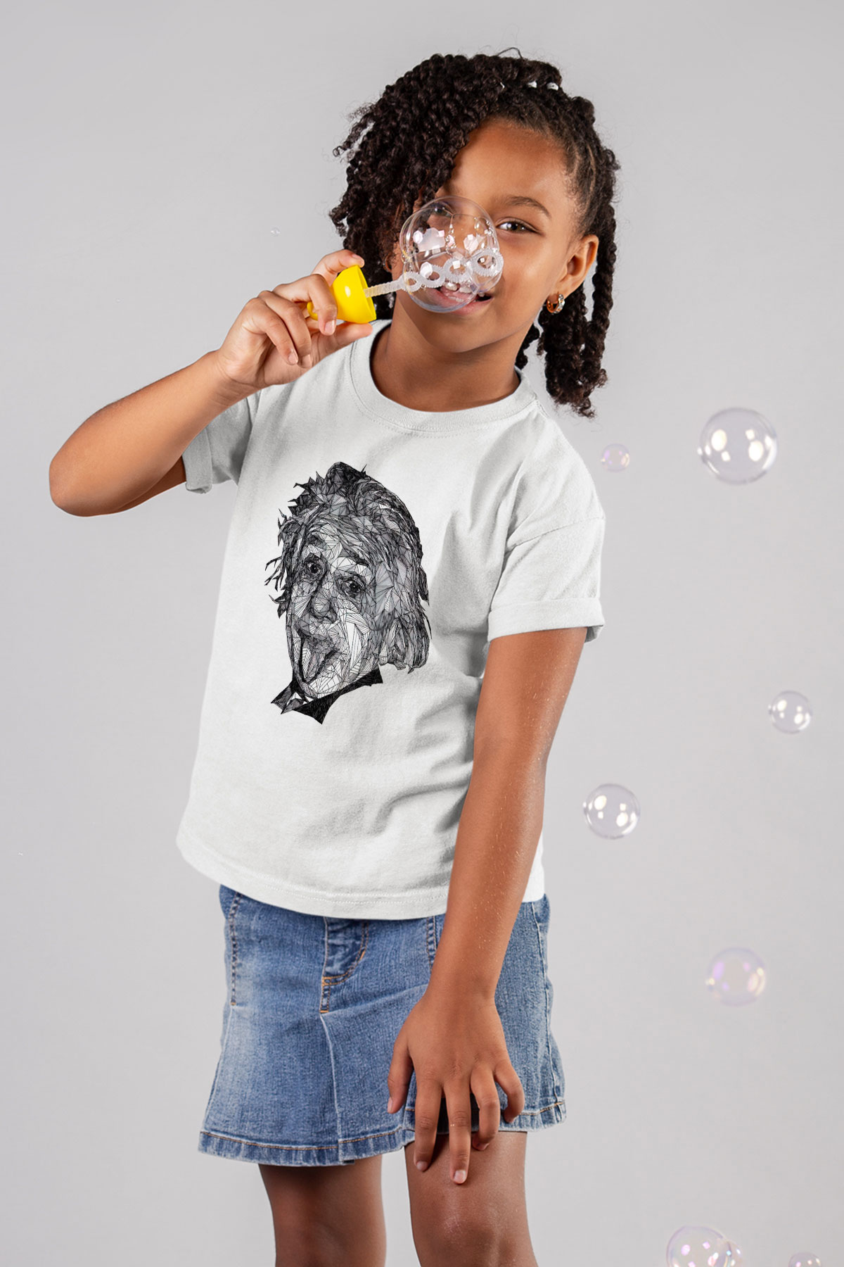 Geometrik Aibert Einstein Portesi Baskılı Unisex Beyaz Çocuk Tişört