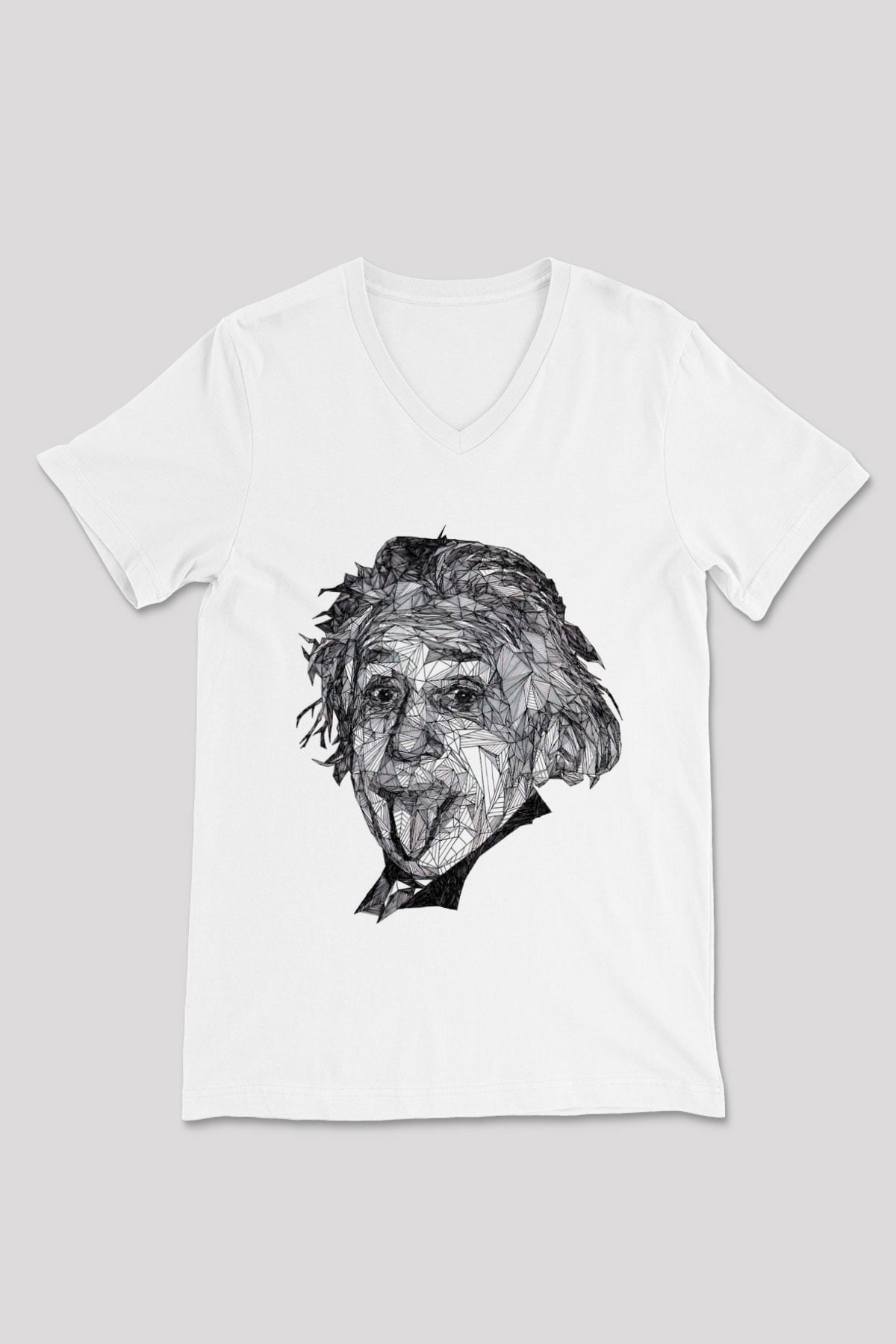 Geometrik Aibert Einstein Portesi Baskılı Unisex Beyaz V Yaka Tişört