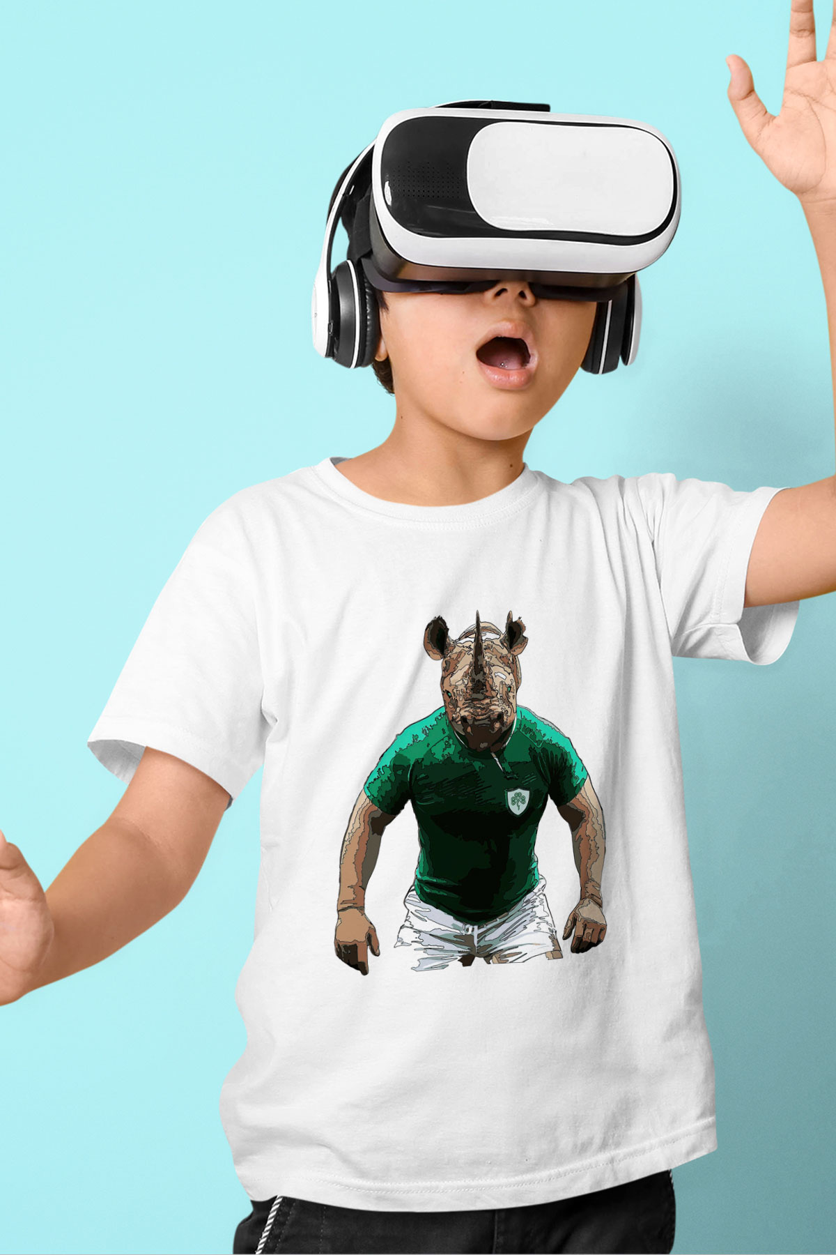 Gergedan Baskılı Beyaz Unisex Çocuk Tişört