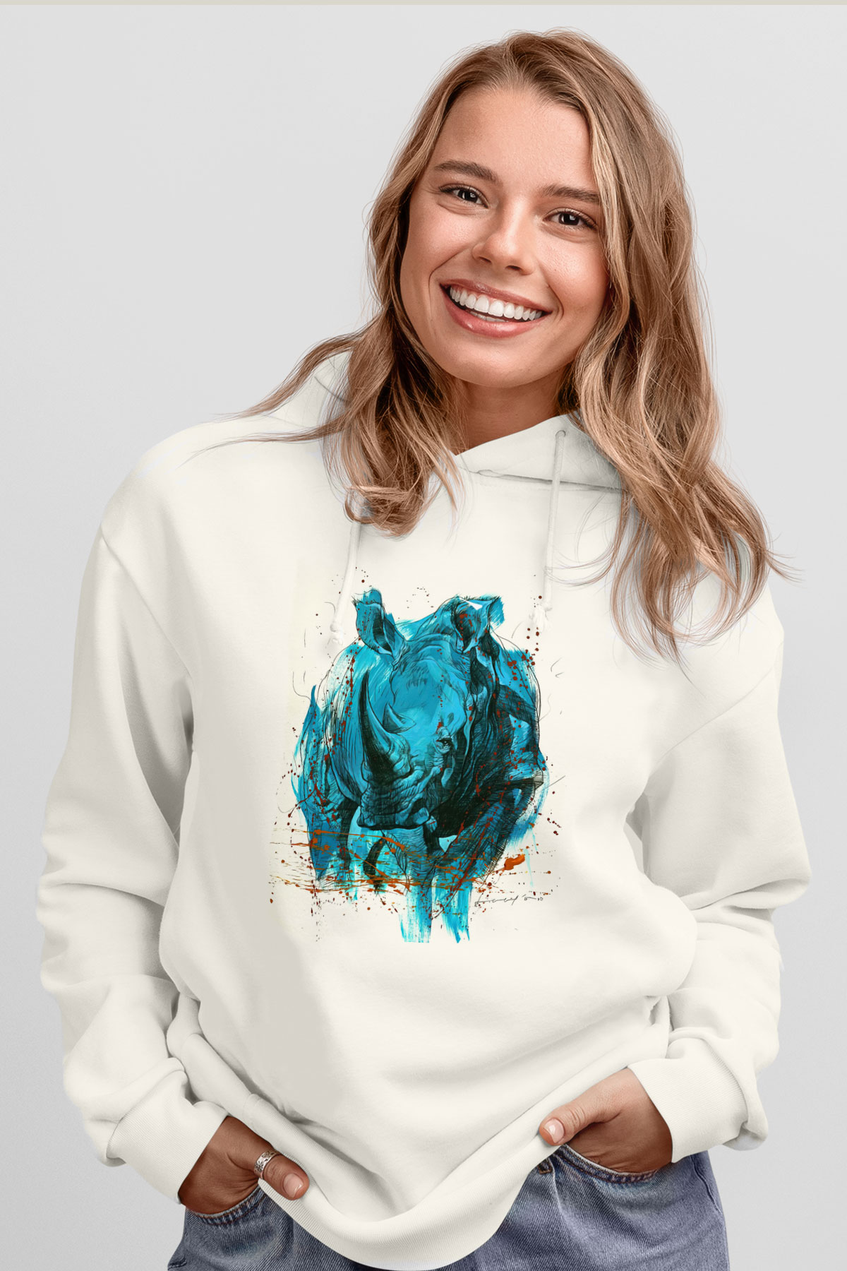 Gergedan Beyaz Unisex Hoodie