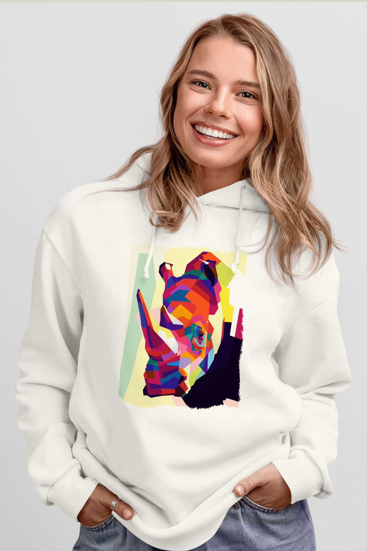 Gergedan Beyaz Unisex Hoodie