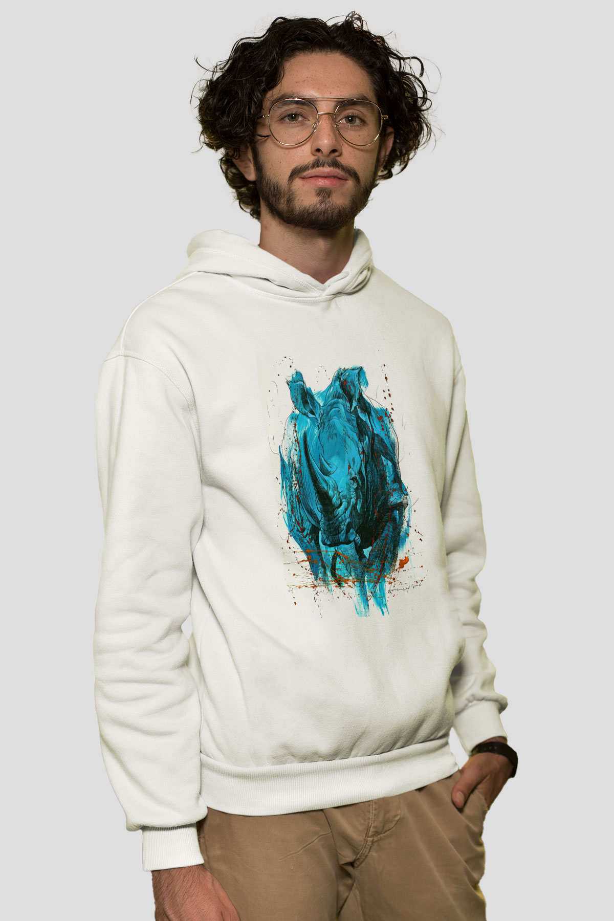 Gergedan Beyaz Unisex Hoodie