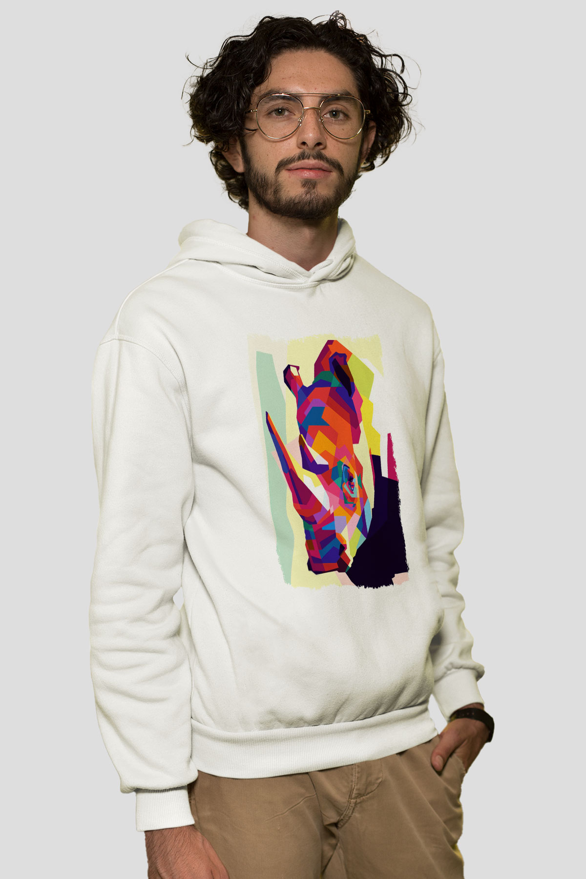 Gergedan Beyaz Unisex Hoodie
