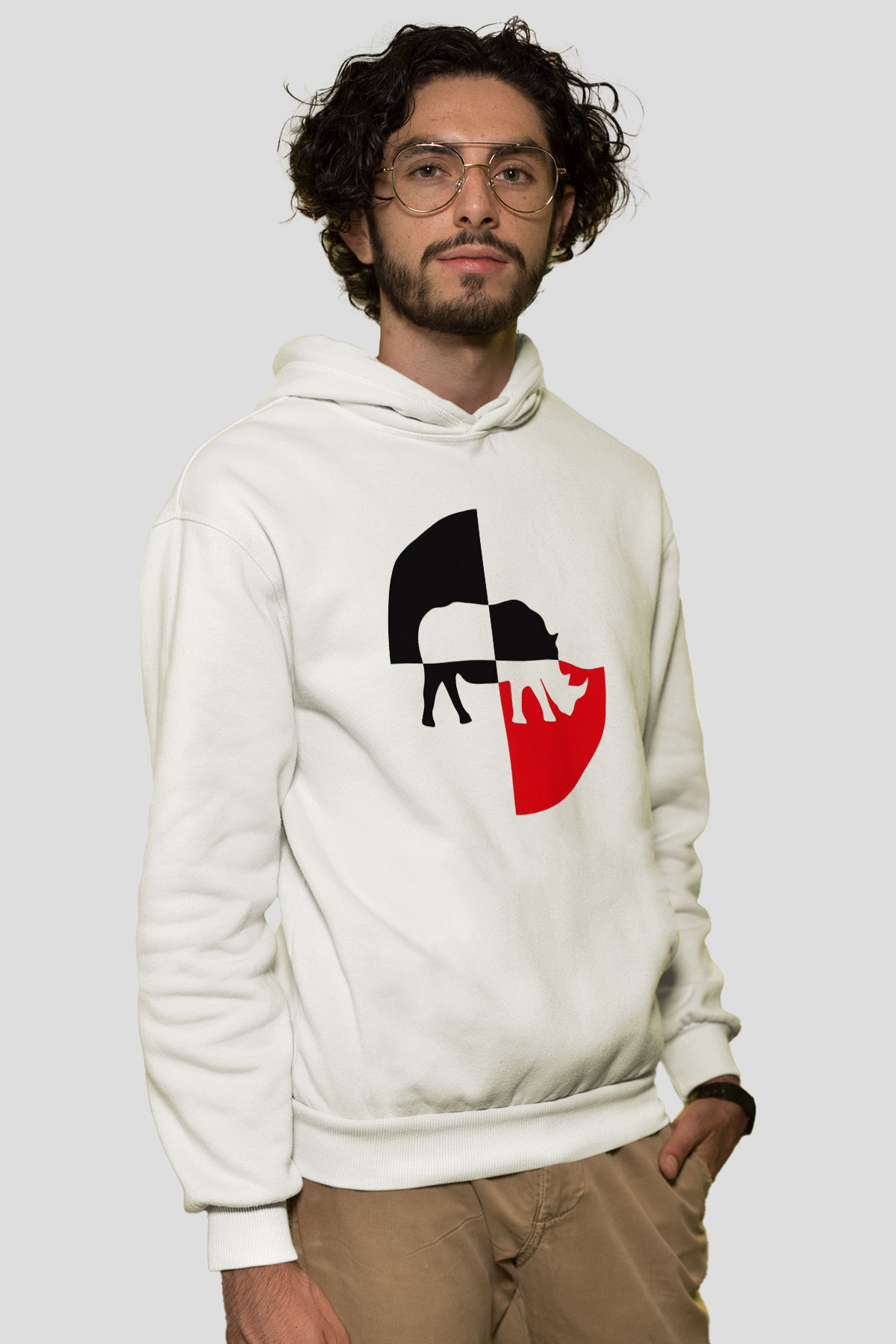 Gergedan Beyaz Unisex Kapşonlu Sweatshirt