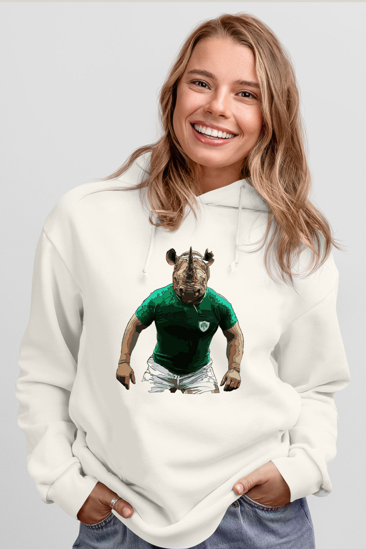 Gergedan Beyaz Unisex Kapşonlu Sweatshirt