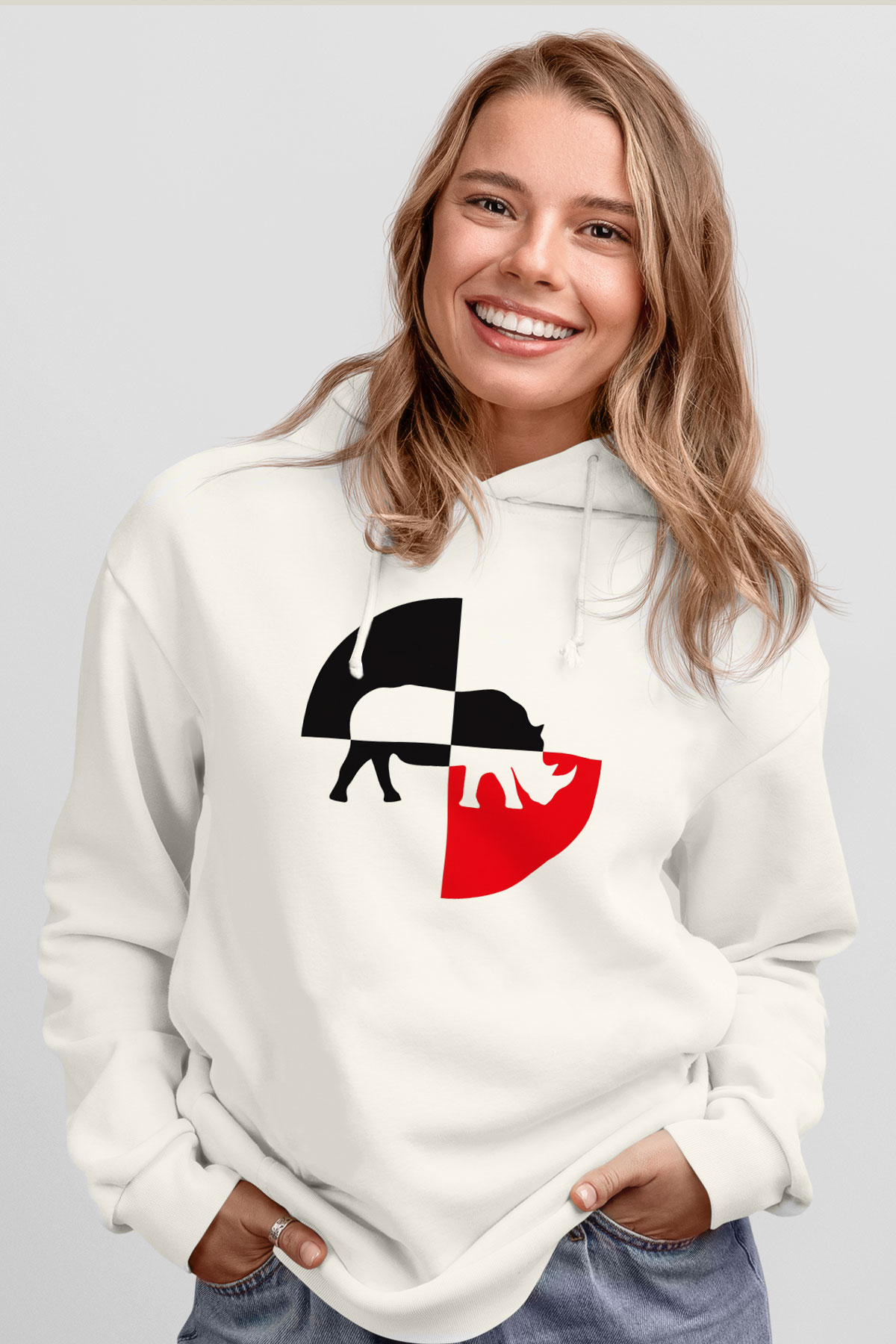 Gergedan Beyaz Unisex Kapşonlu Sweatshirt