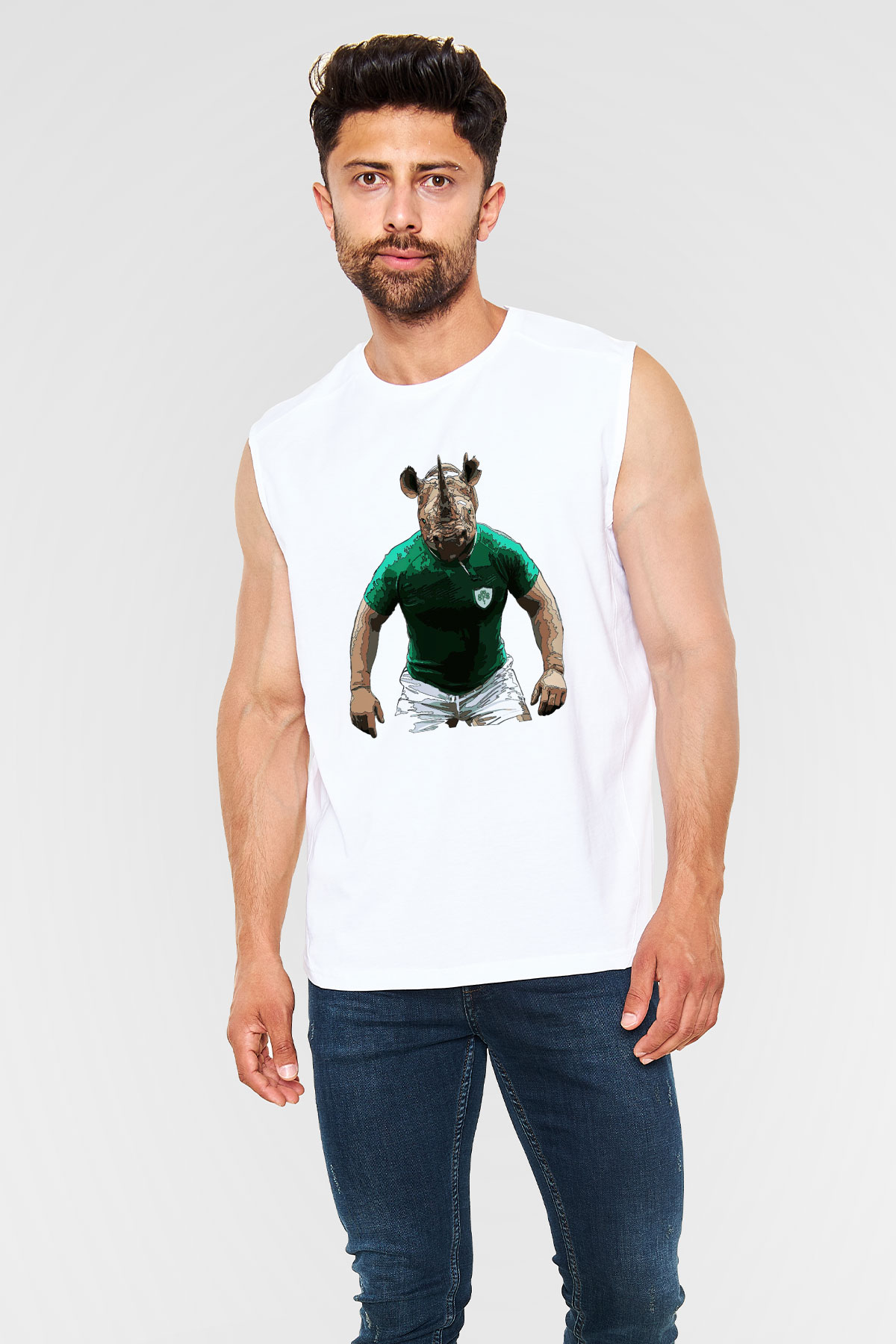 Gergedan Beyaz Unisex Kolsuz Tişört