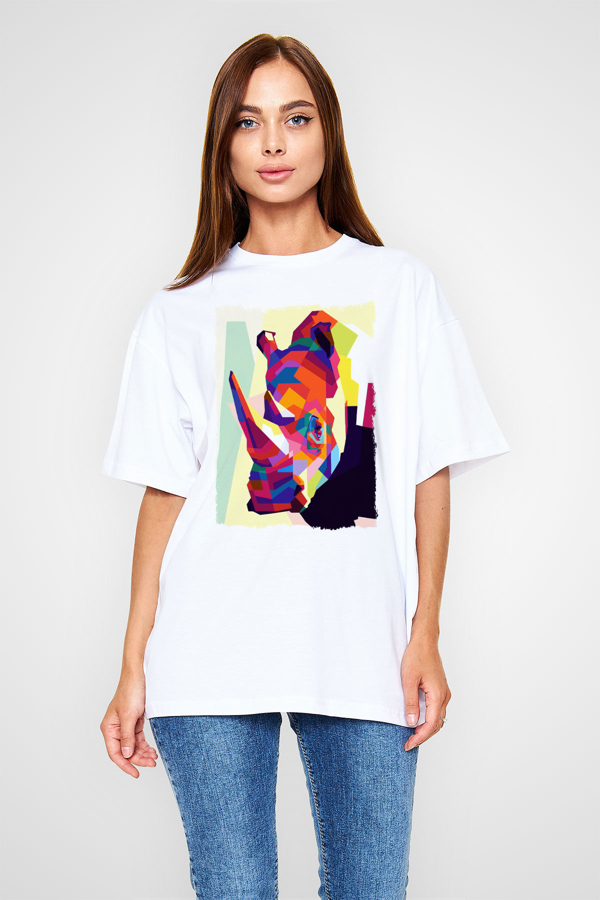 Gergedan Beyaz Oversize Tişört Oversize T-shirt - TişörtFabrikası