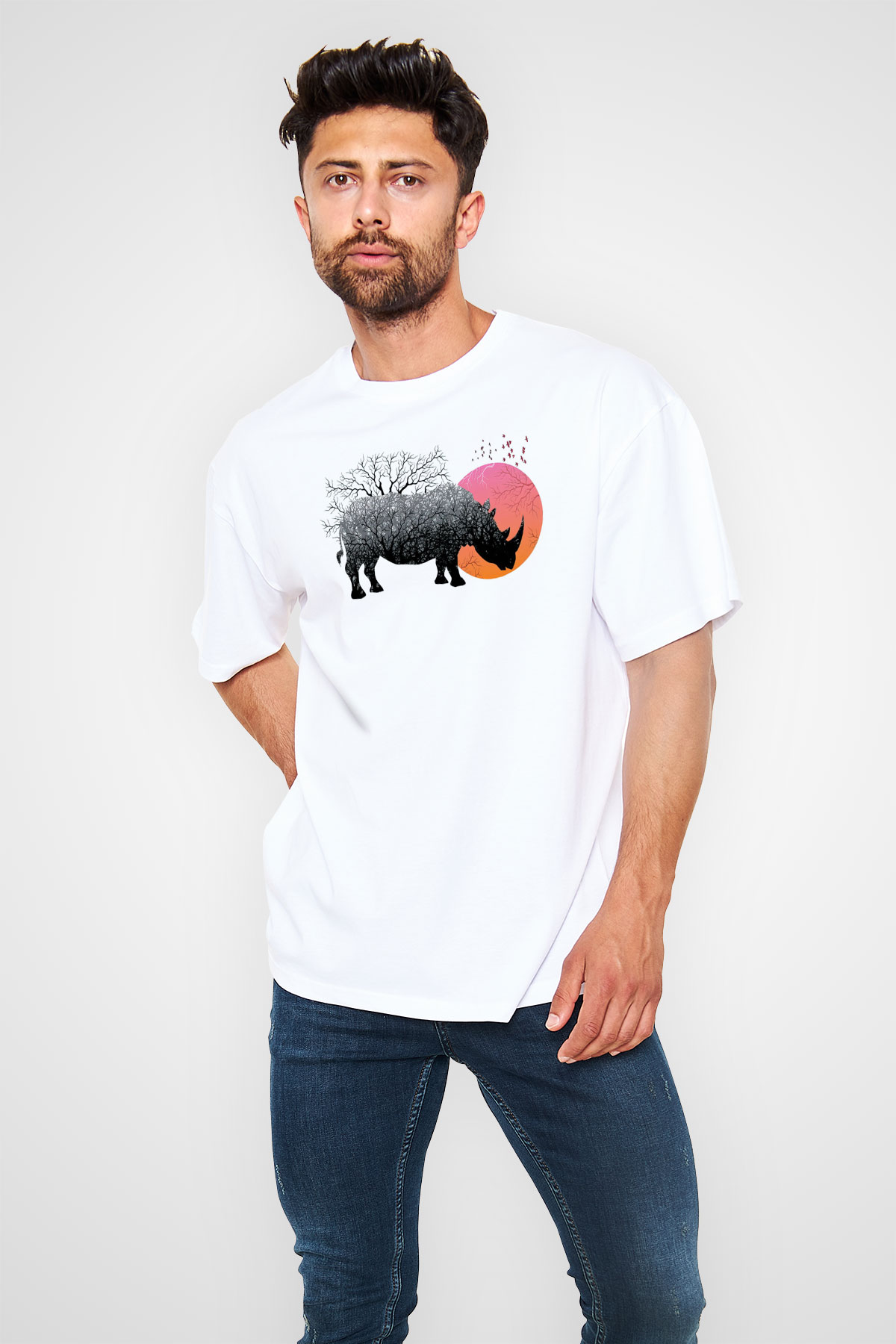 Gergedan Beyaz Oversize Tişört Oversize T-shirt - TişörtFabrikası