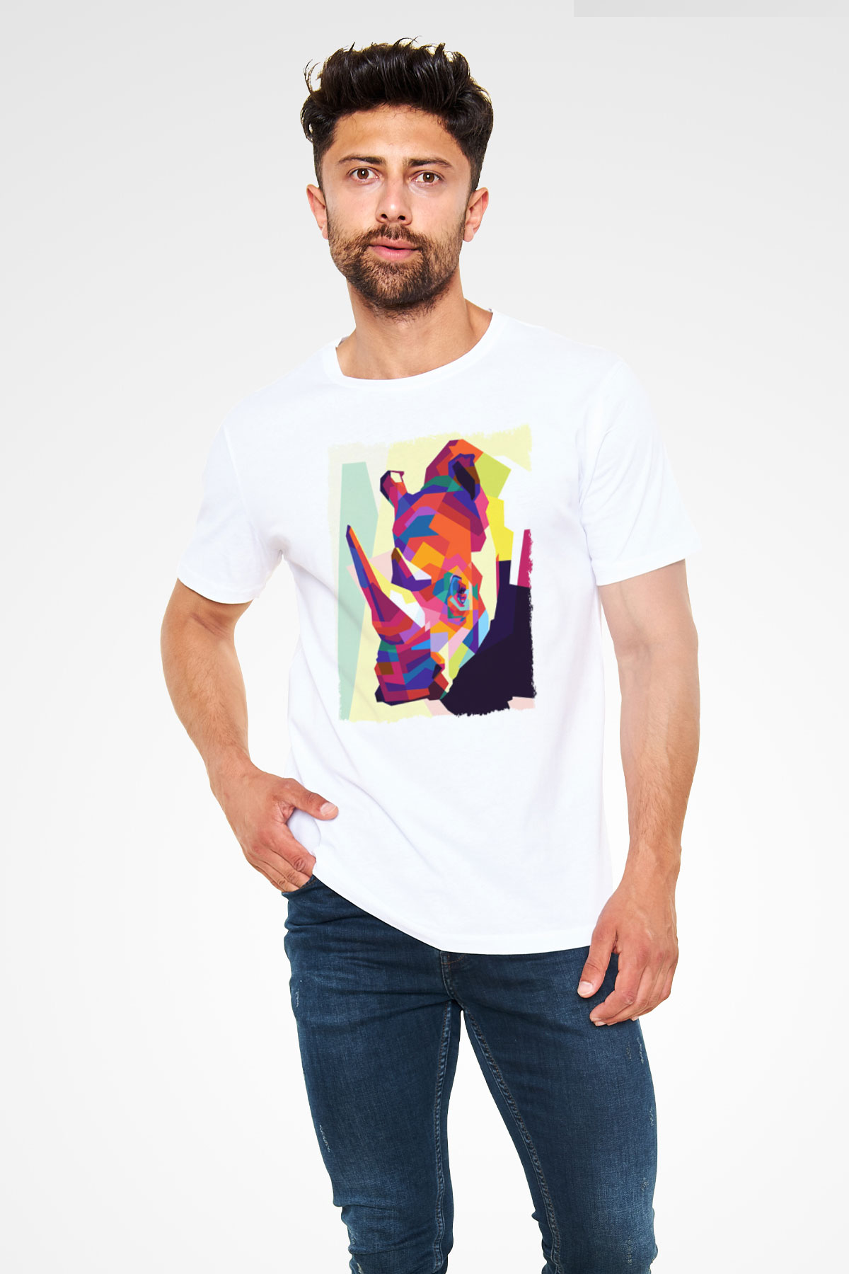 Gergedan Beyaz Unisex Tişört T-Shirt - TişörtFabrikası