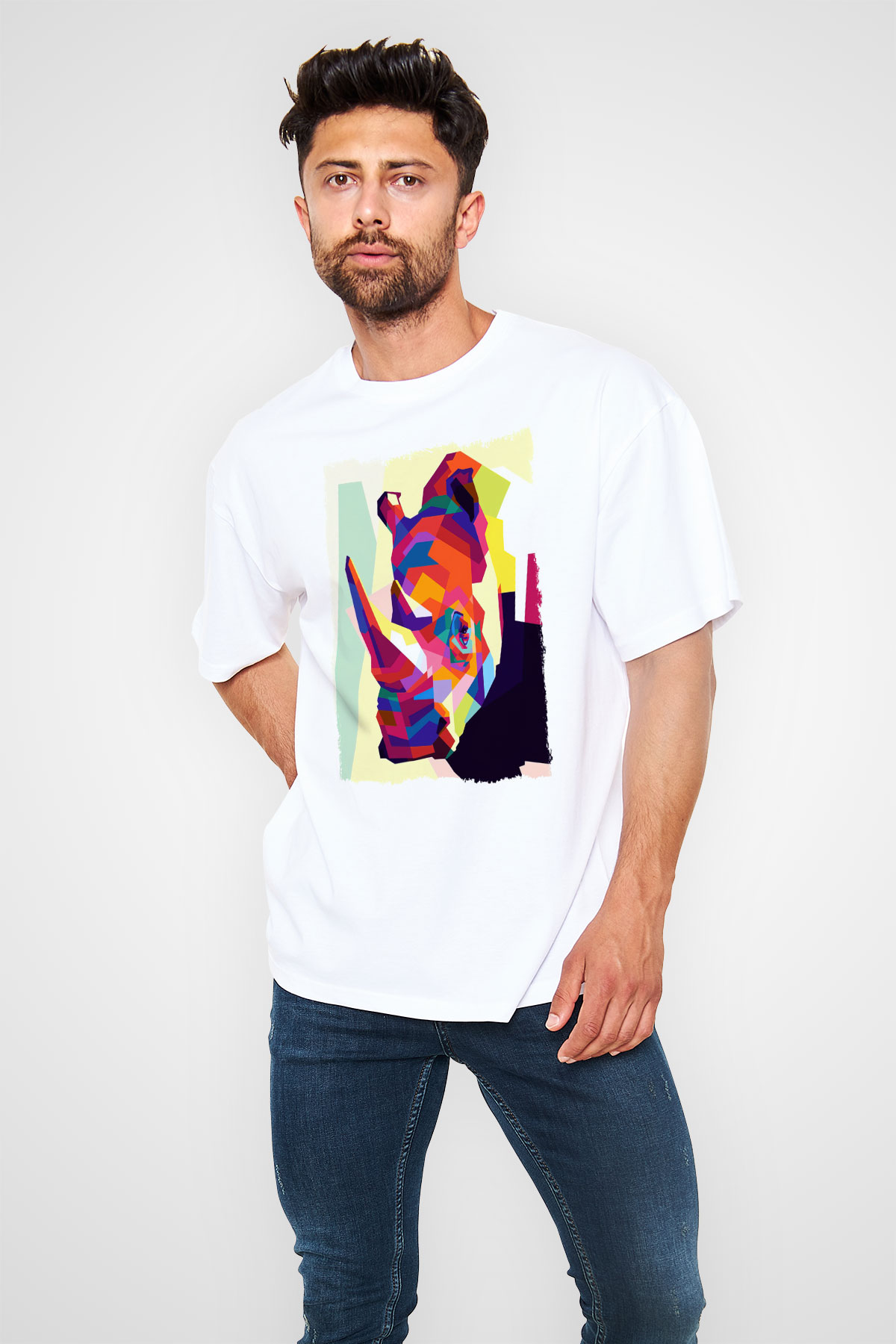 Gergedan Beyaz Oversize Tişört Oversize T-shirt - TişörtFabrikası