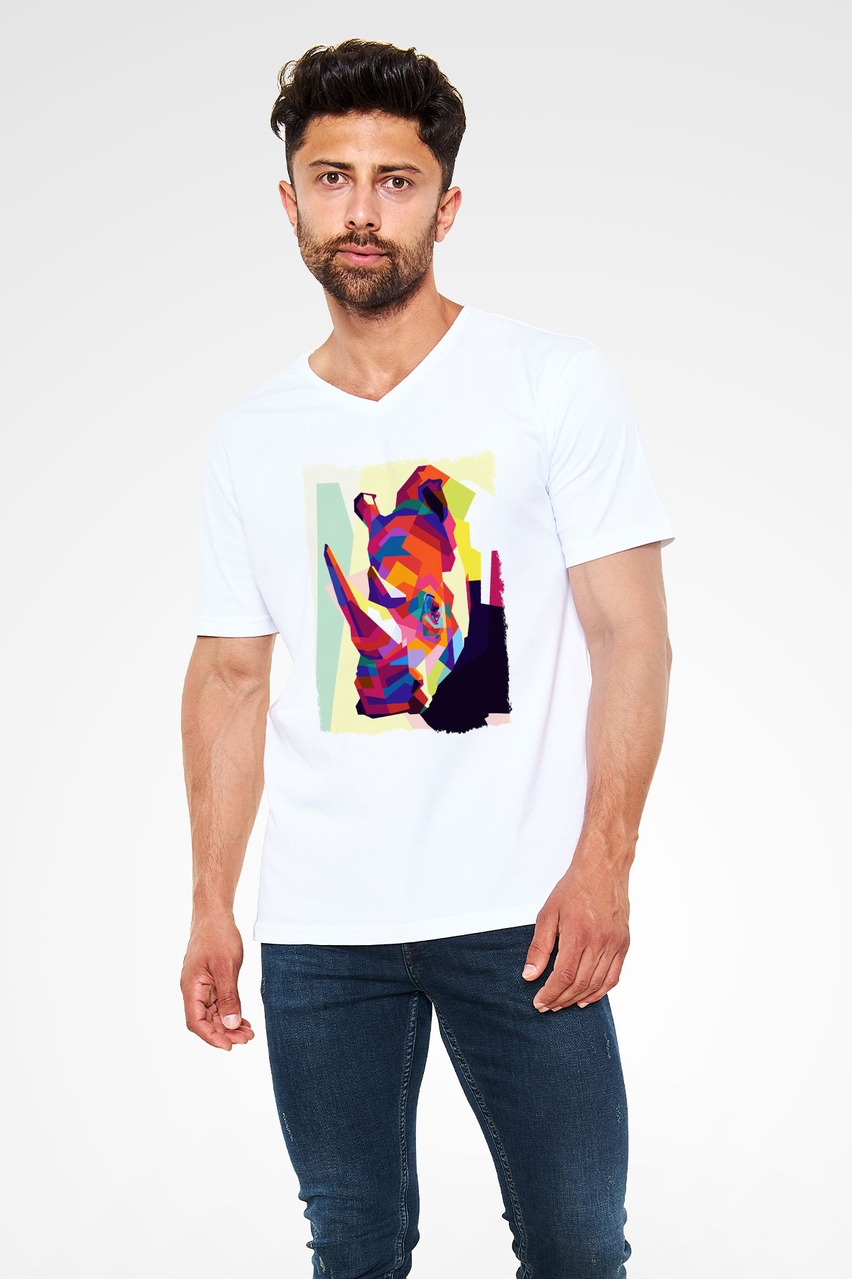 Gergedan Beyaz Unisex V Yaka Tişört
