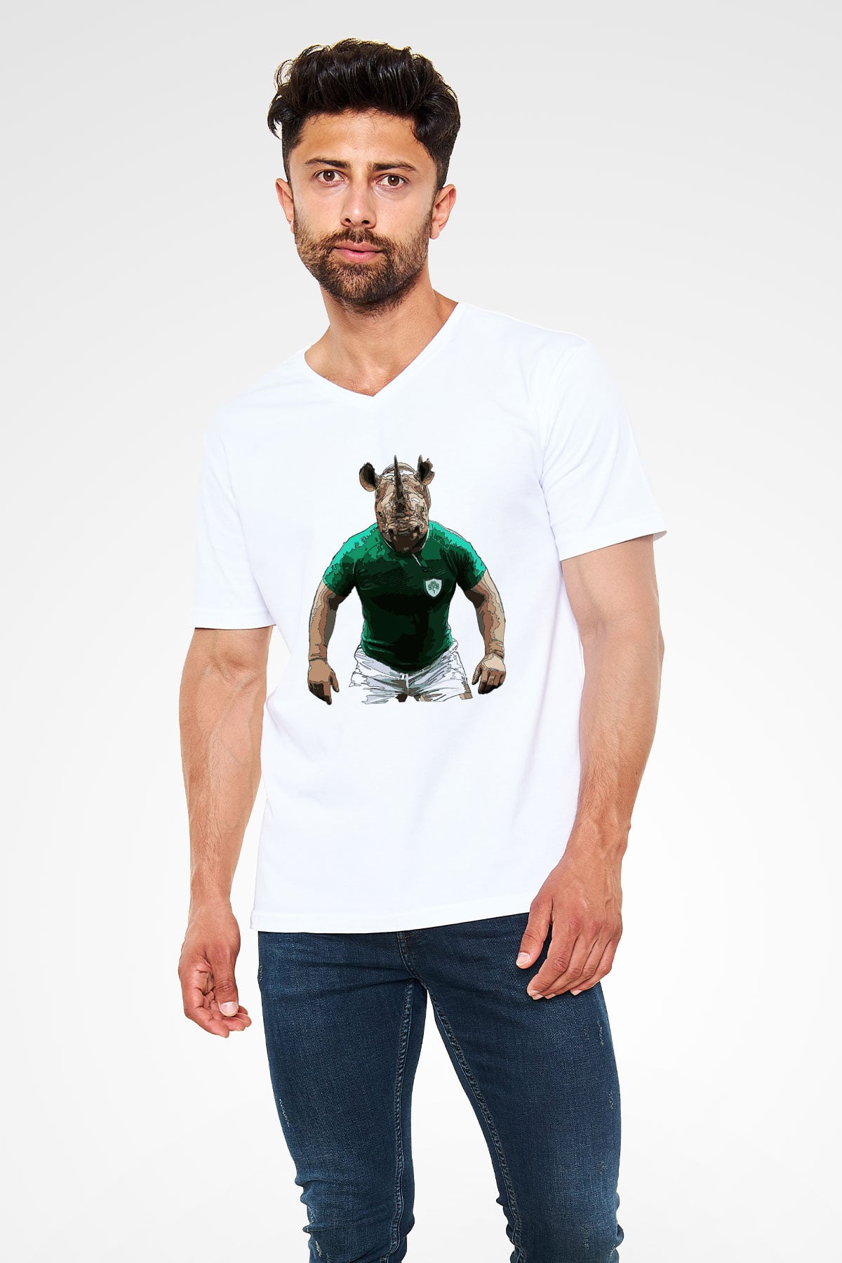 Gergedan Beyaz Unisex V Yaka Tişört T-Shirt