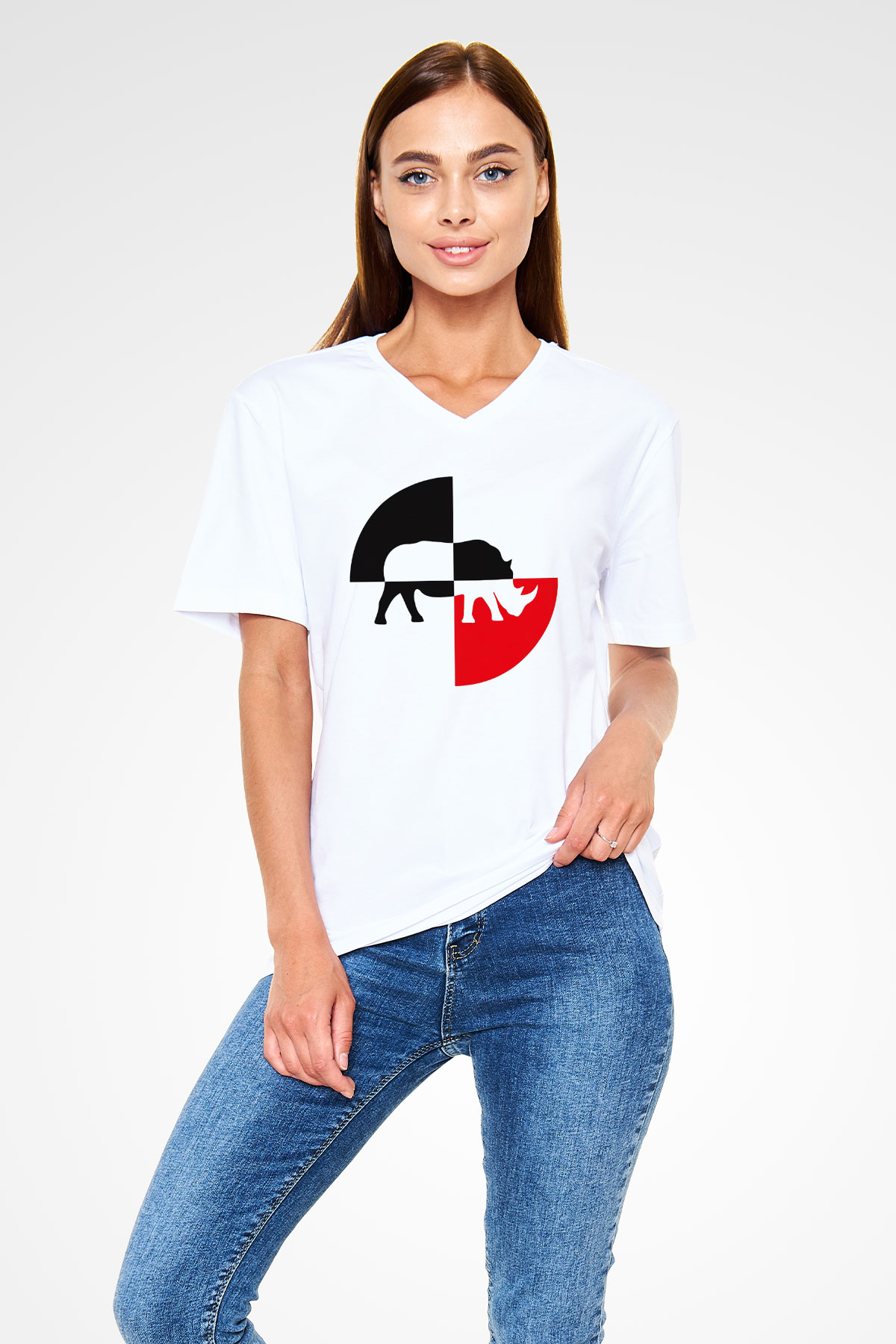 Gergedan Beyaz Unisex V Yaka Tişört T-Shirt
