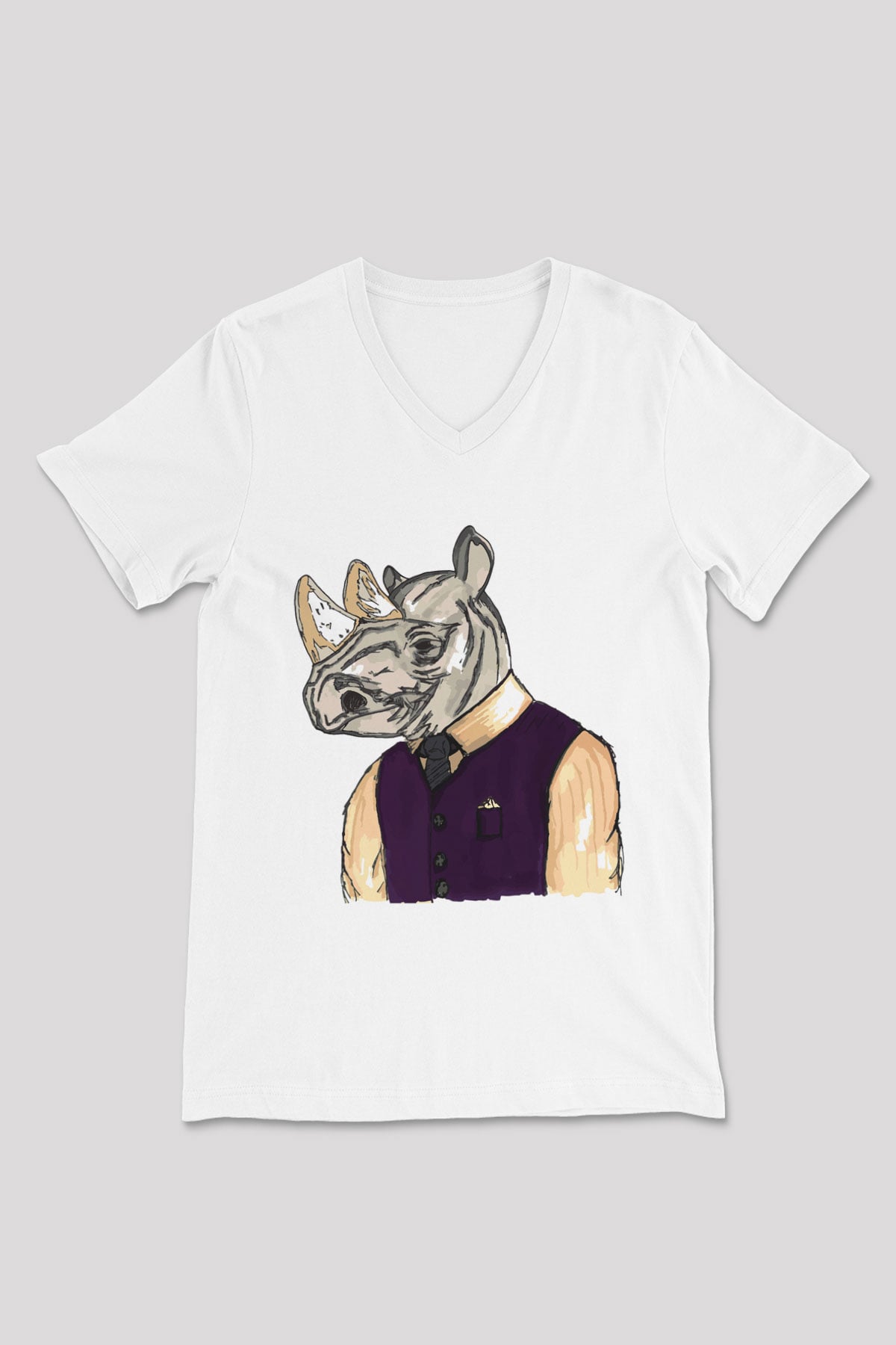 Gergedan Beyaz Unisex V Yaka Tişört T-Shirt