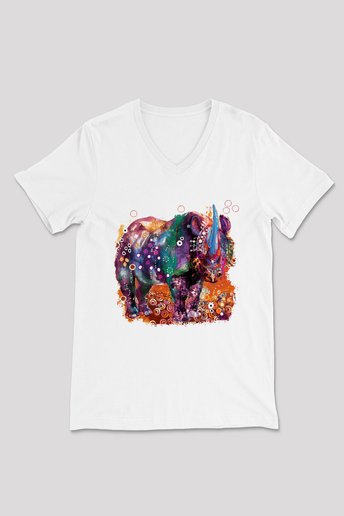 Gergedan Beyaz Unisex V Yaka Tişört T-Shirt