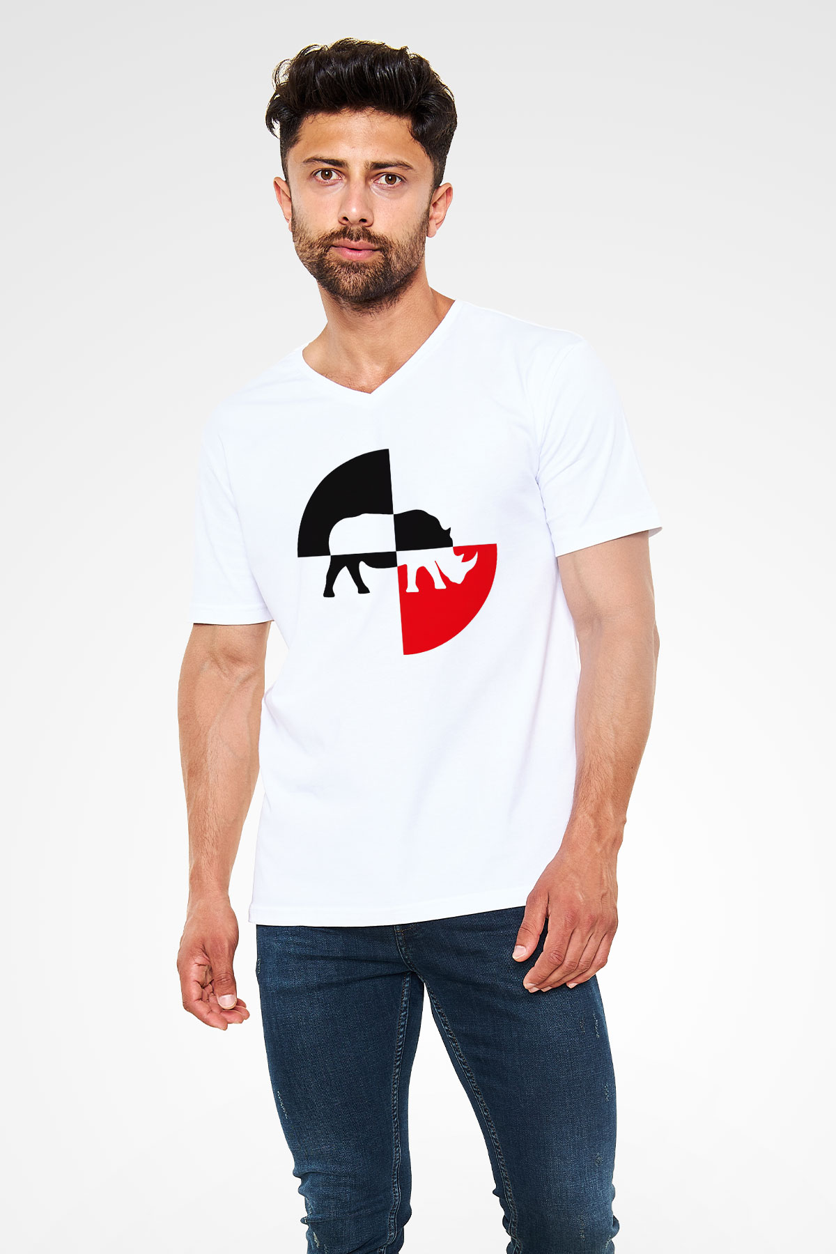 Gergedan Beyaz Unisex V Yaka Tişört T-Shirt
