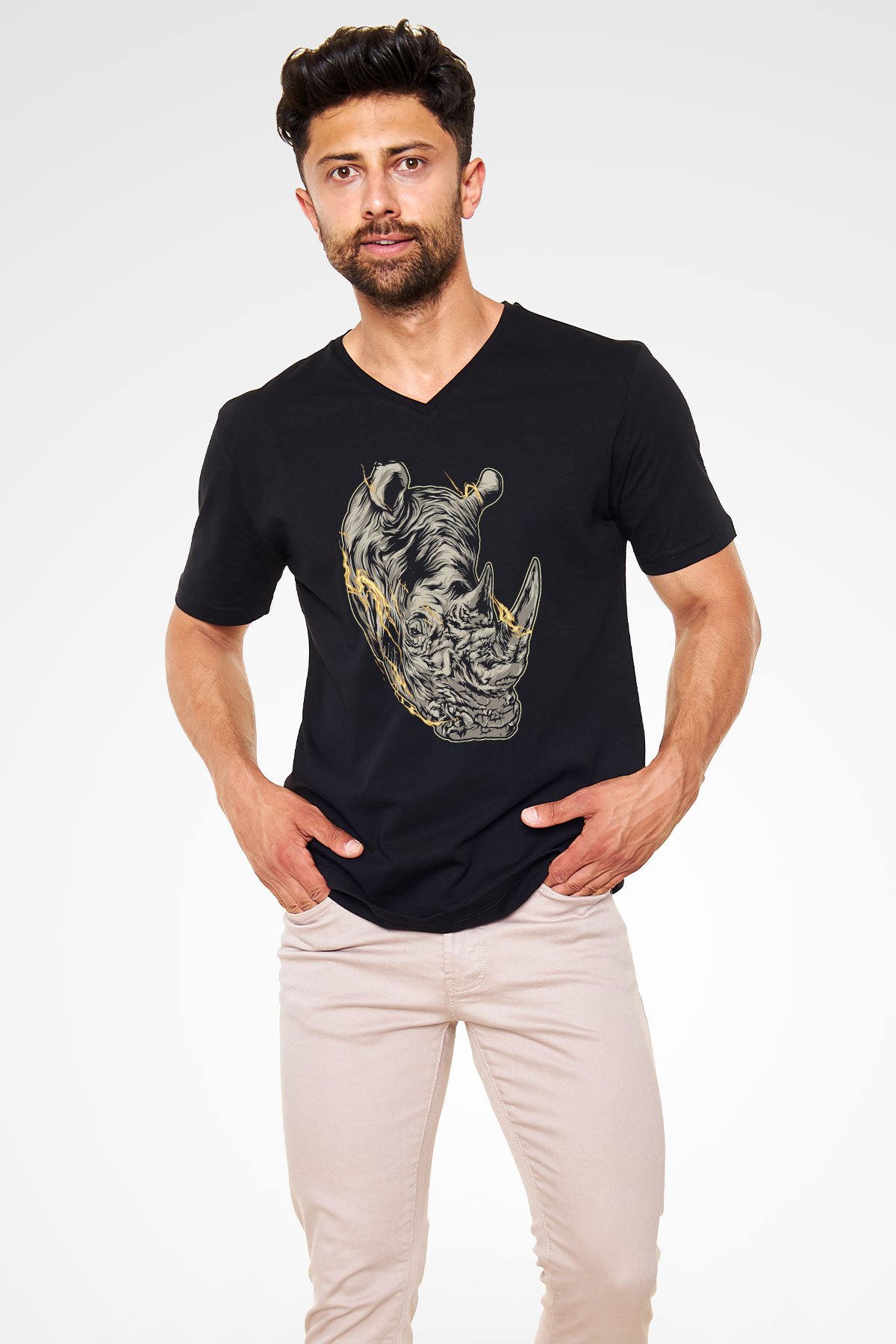 Gergedan Siyah Unisex V Yaka Tişört