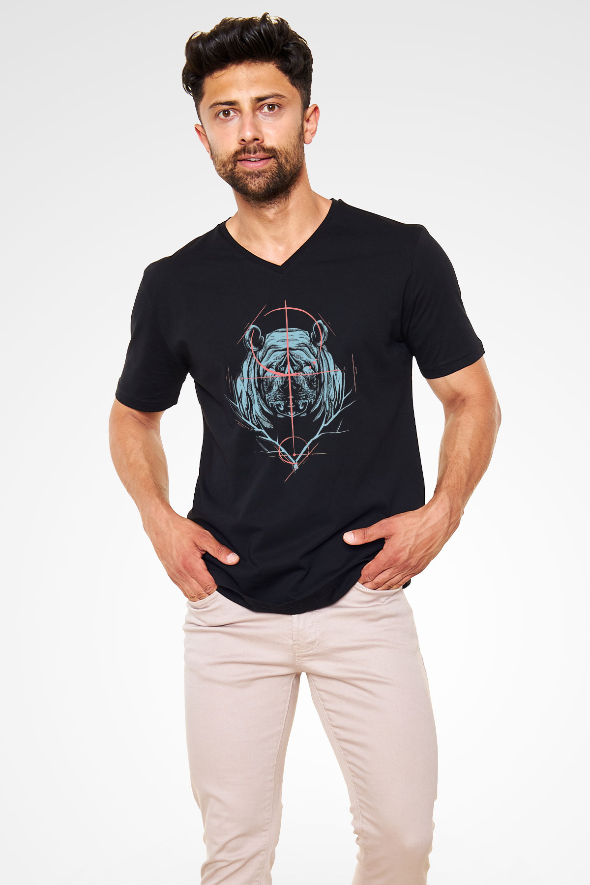 Gergedan Siyah Unisex V Yaka Tişört