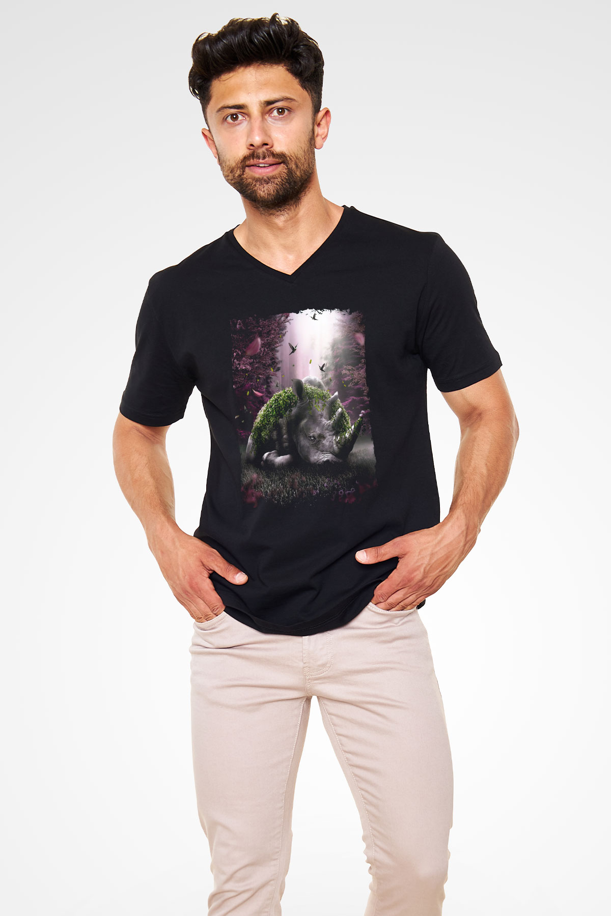 Gergedan Siyah Unisex V Yaka Tişört