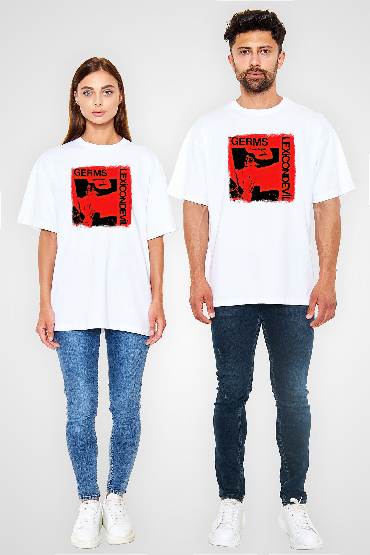 Germs Baskılı Unisex Beyaz Oversize Tişört