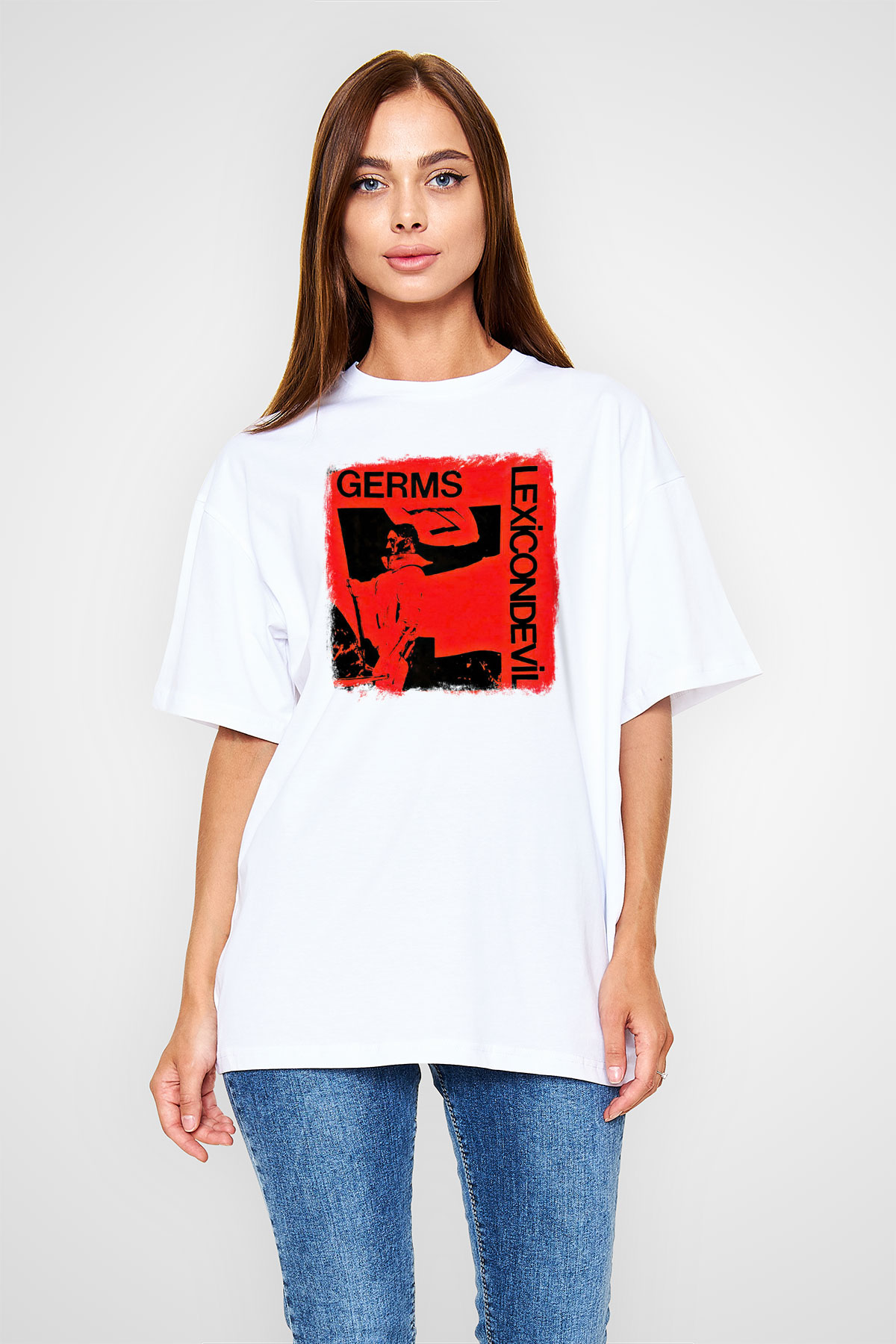 Germs Baskılı Unisex Beyaz Oversize Tişört