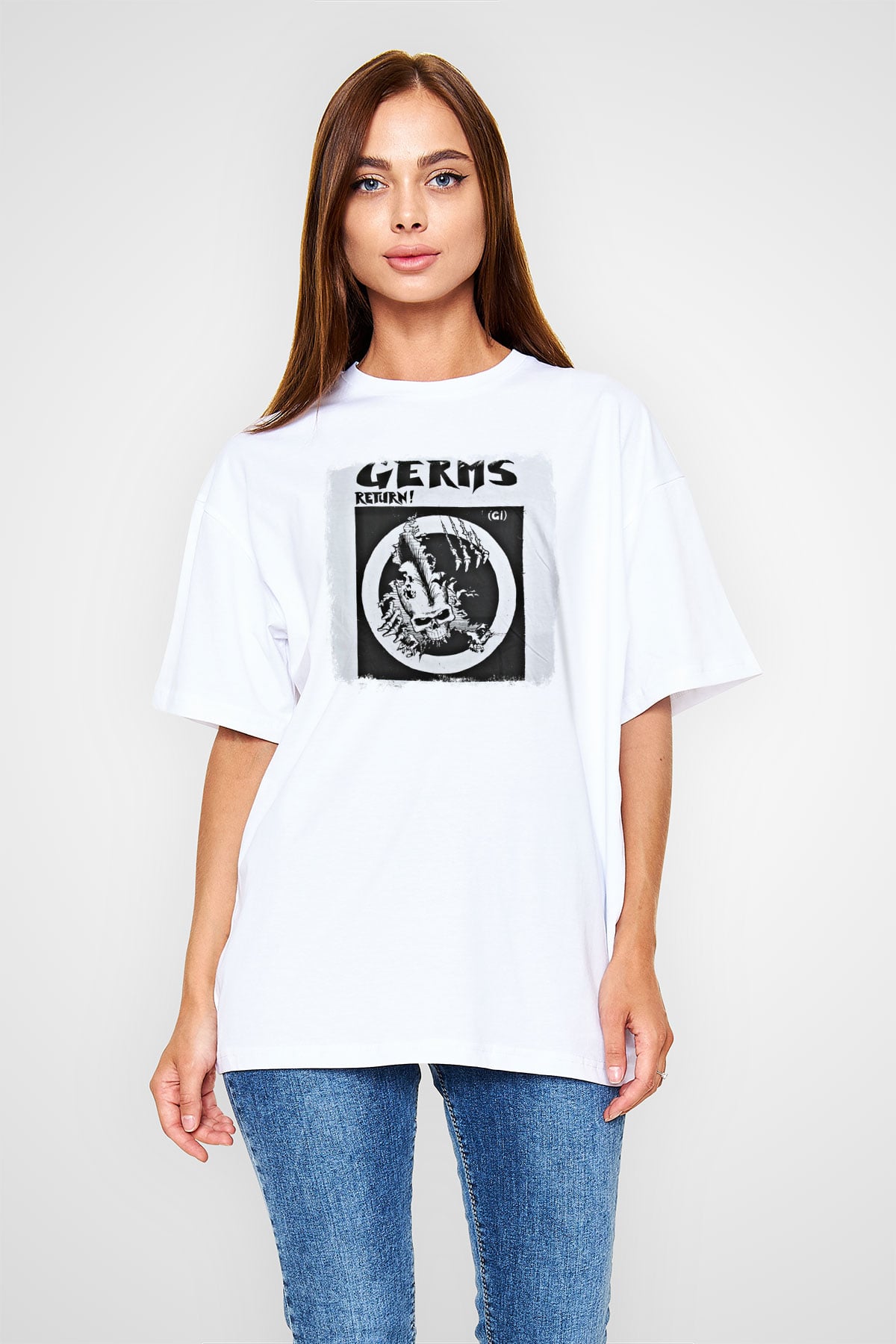 Germs Baskılı Unisex Beyaz Oversize Tişört