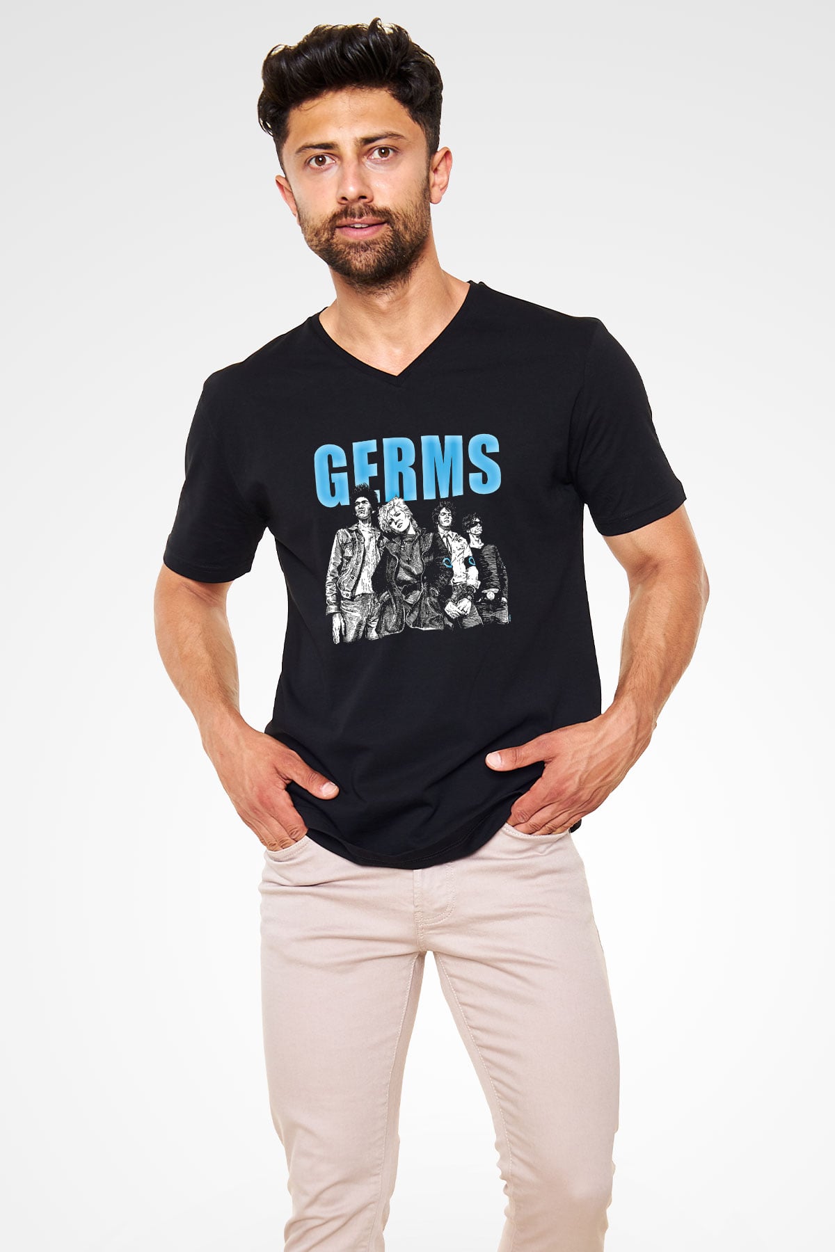 Germs Baskılı Unisex Siyah V Yaka Tişört