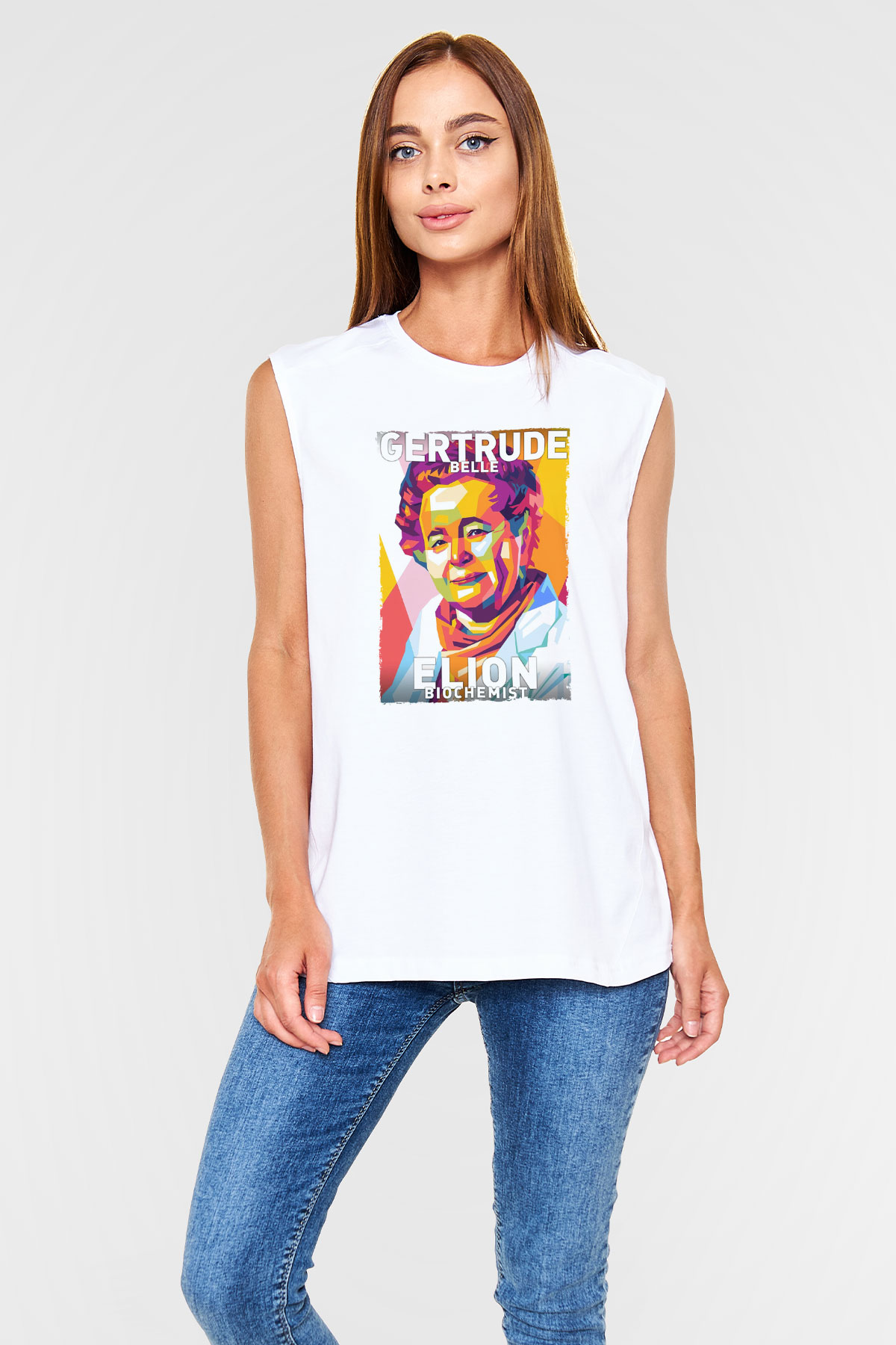 Gertrude B Elion Baskılı Unisex Kolsuz Beyaz Tişört - Tshirt