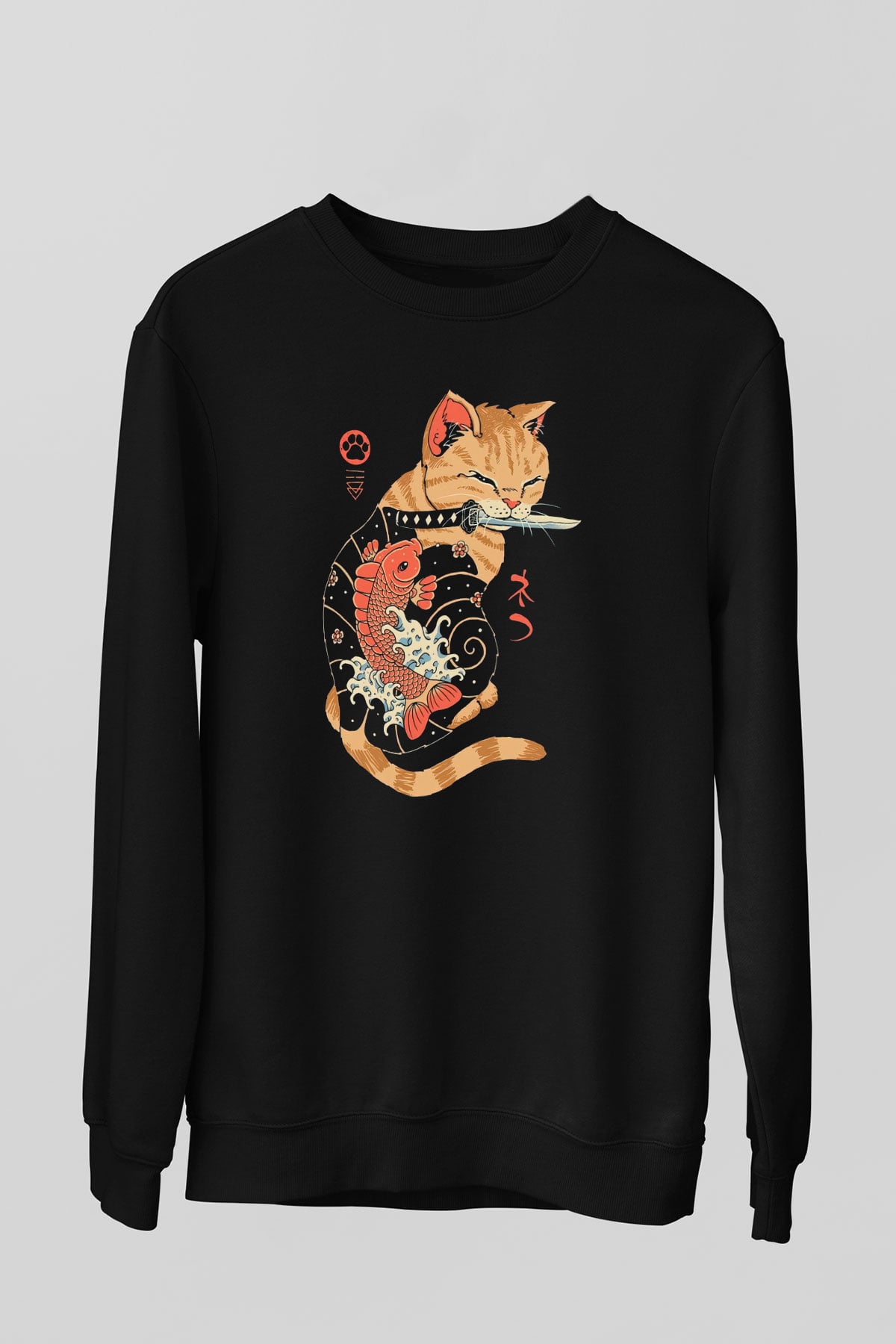 Geyşa Kedi Baskılı Unisex Siyah  Sweatshirt