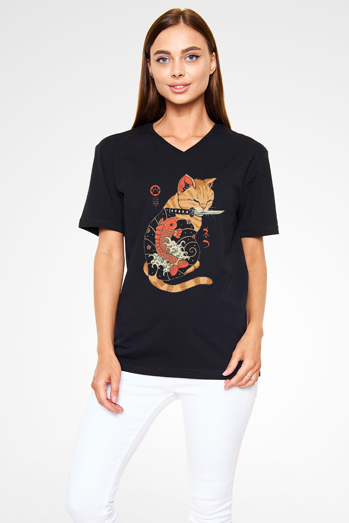 Geyşa Kedi Baskılı Unisex Siyah  V Yaka Tişört