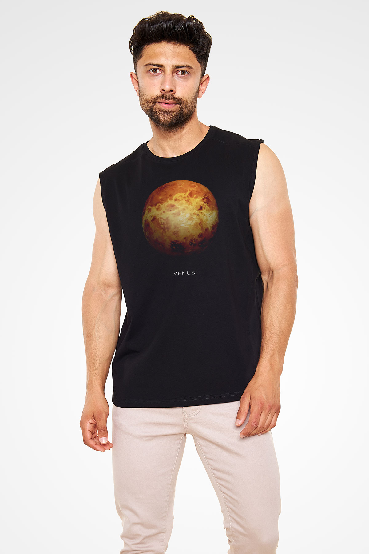 Gezegen Venüs Baskılı Unisex Kolsuz Siyah Tişört - Tshirt
