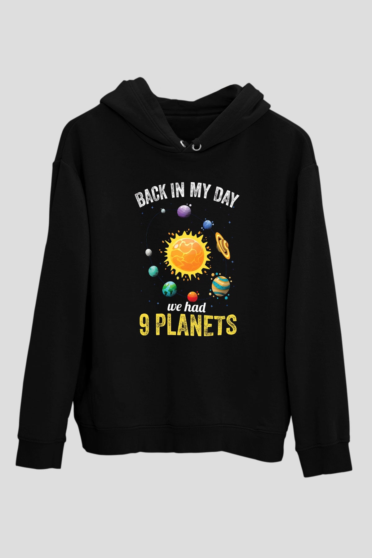 Gezegenler Baskılı Unisex Siyah Hoodie