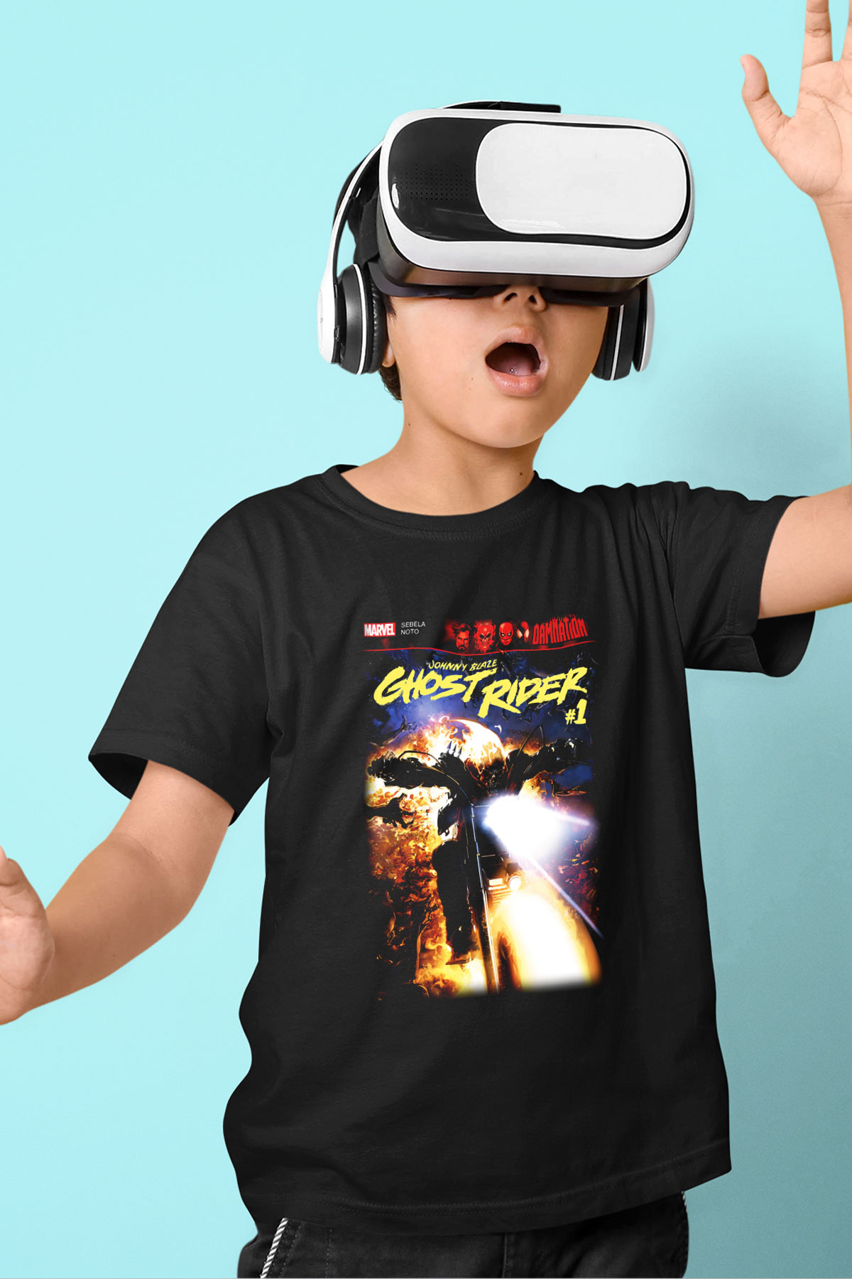 Ghost Rider Hayalet Sürücü Baskılı Siyah Unisex Çocuk Tişört