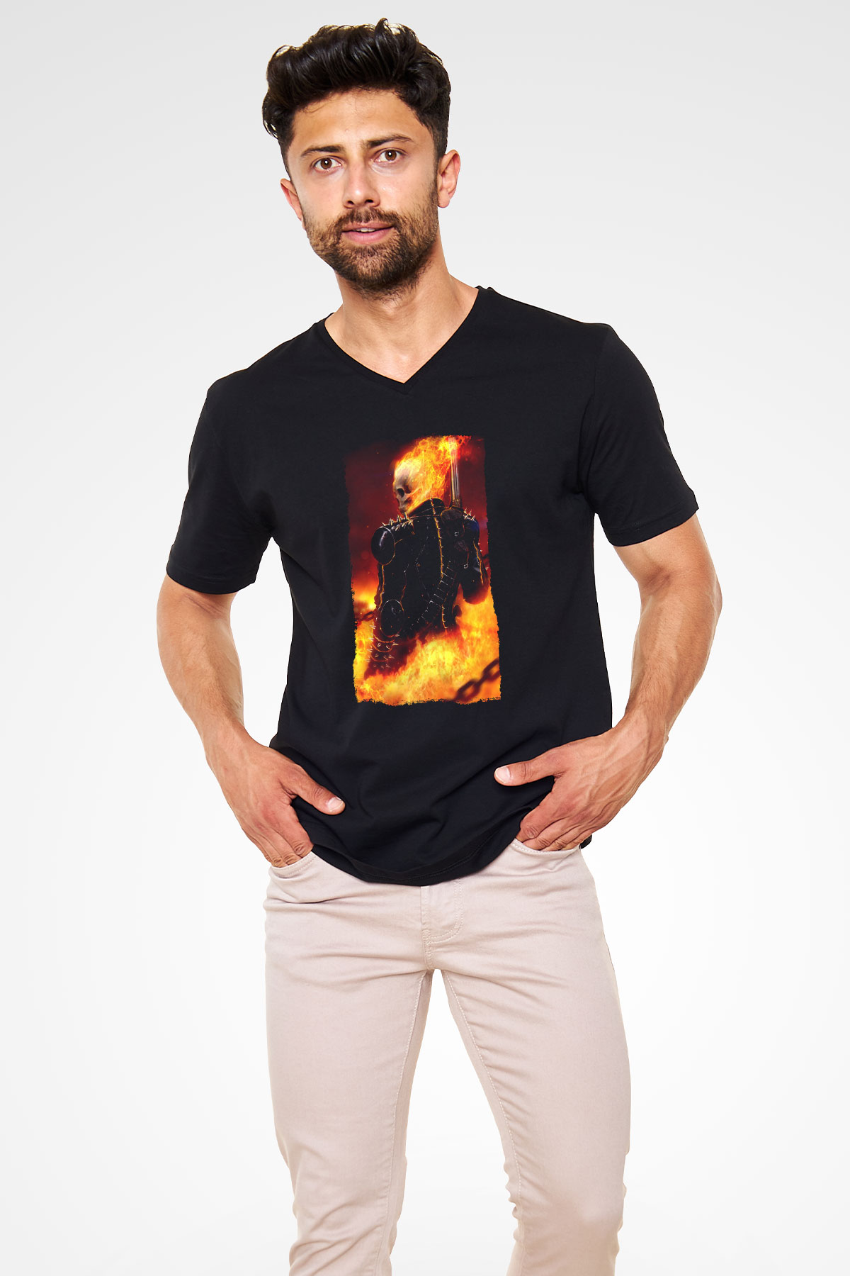 Ghost Rider Hayalet Sürücü Siyah Unisex  V Yaka Tişört